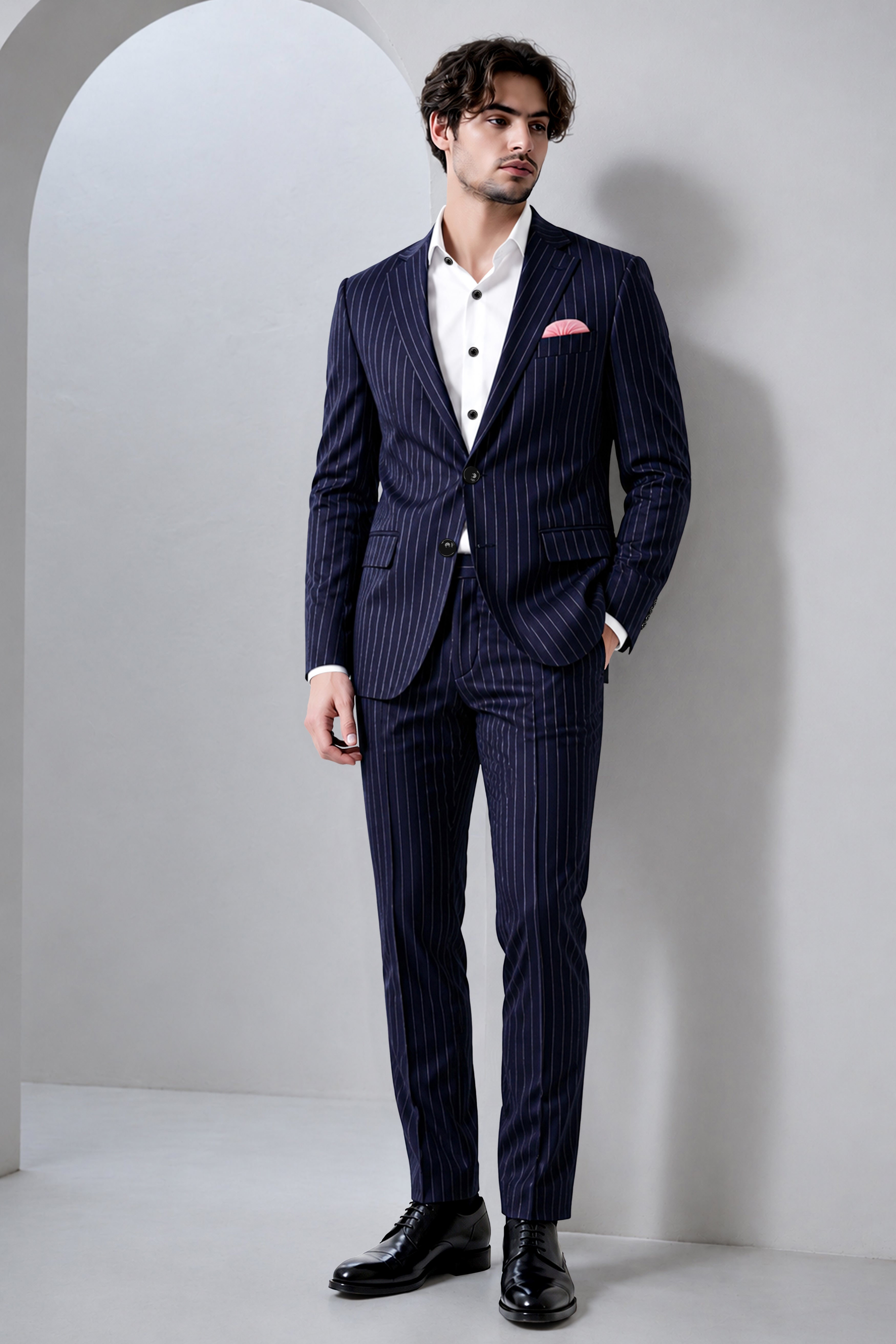 Regent-Ebony Blue And Bright White Chalk Striped Wool Rich Slight Stretch Single Breasted Suit