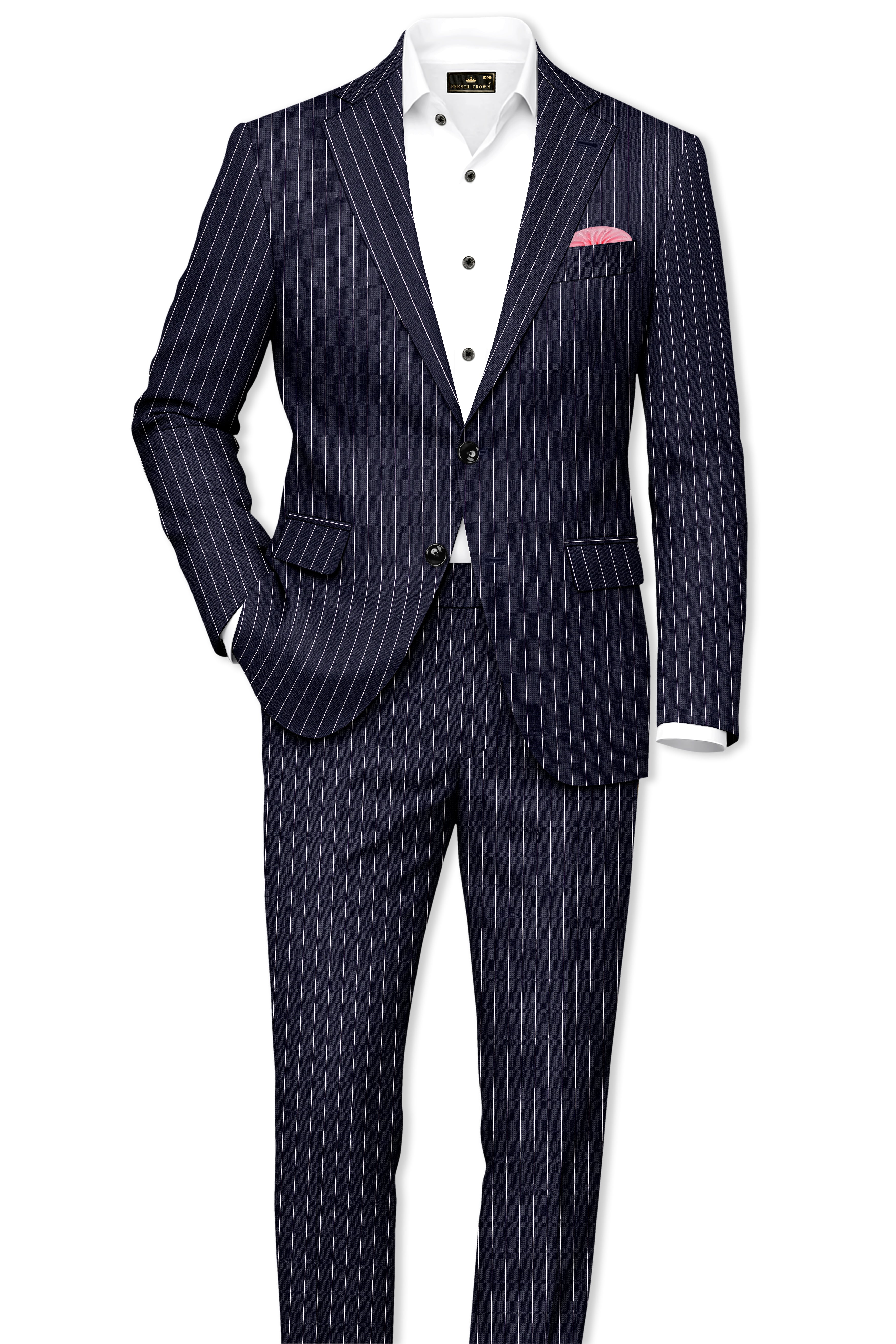 Regent-Ebony Blue And Bright White Chalk Striped Wool Rich Slight Stretch Single Breasted Suit