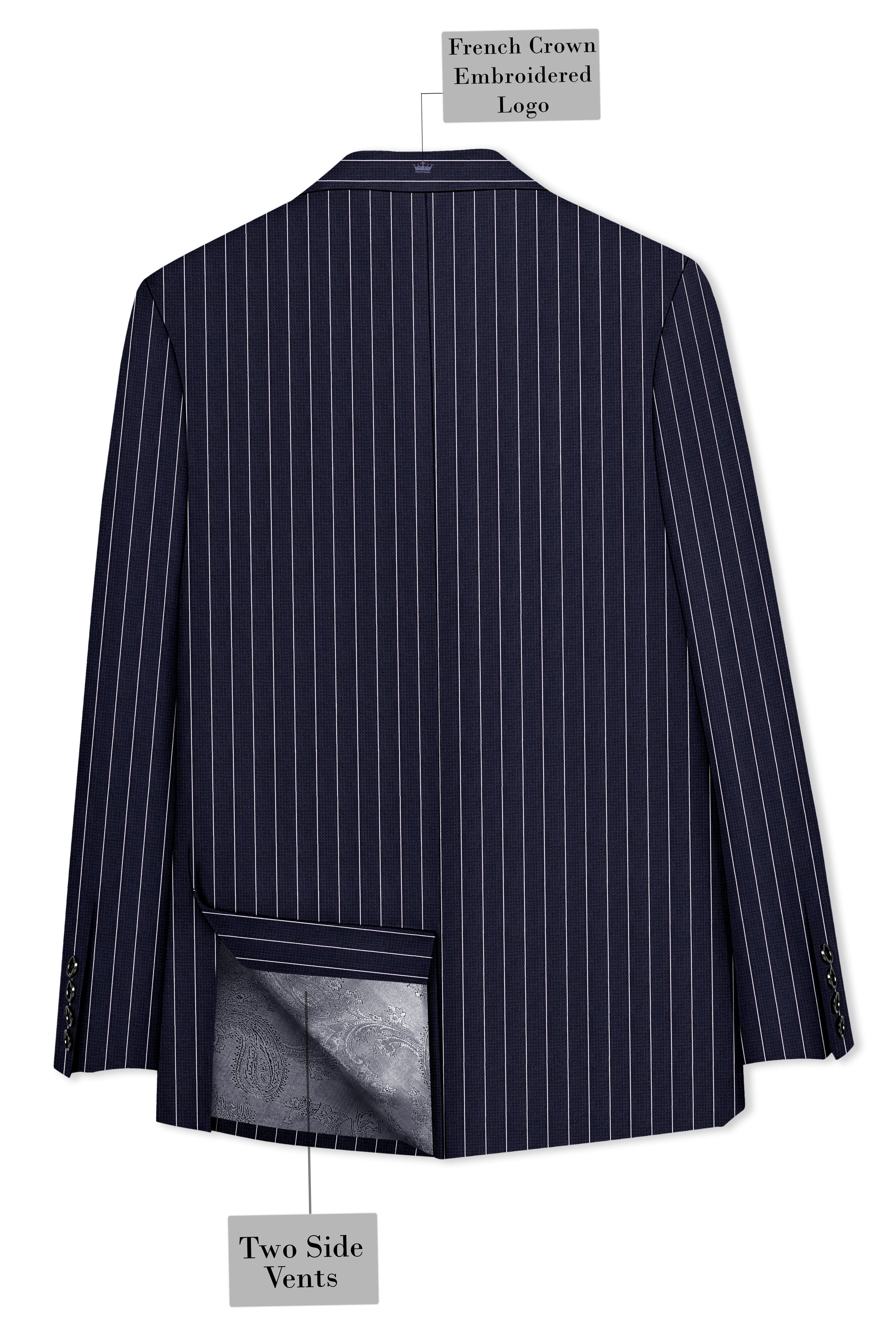 Regent-Ebony Blue And Bright White Chalk Striped Wool Rich Slight Stretch Single Breasted Suit