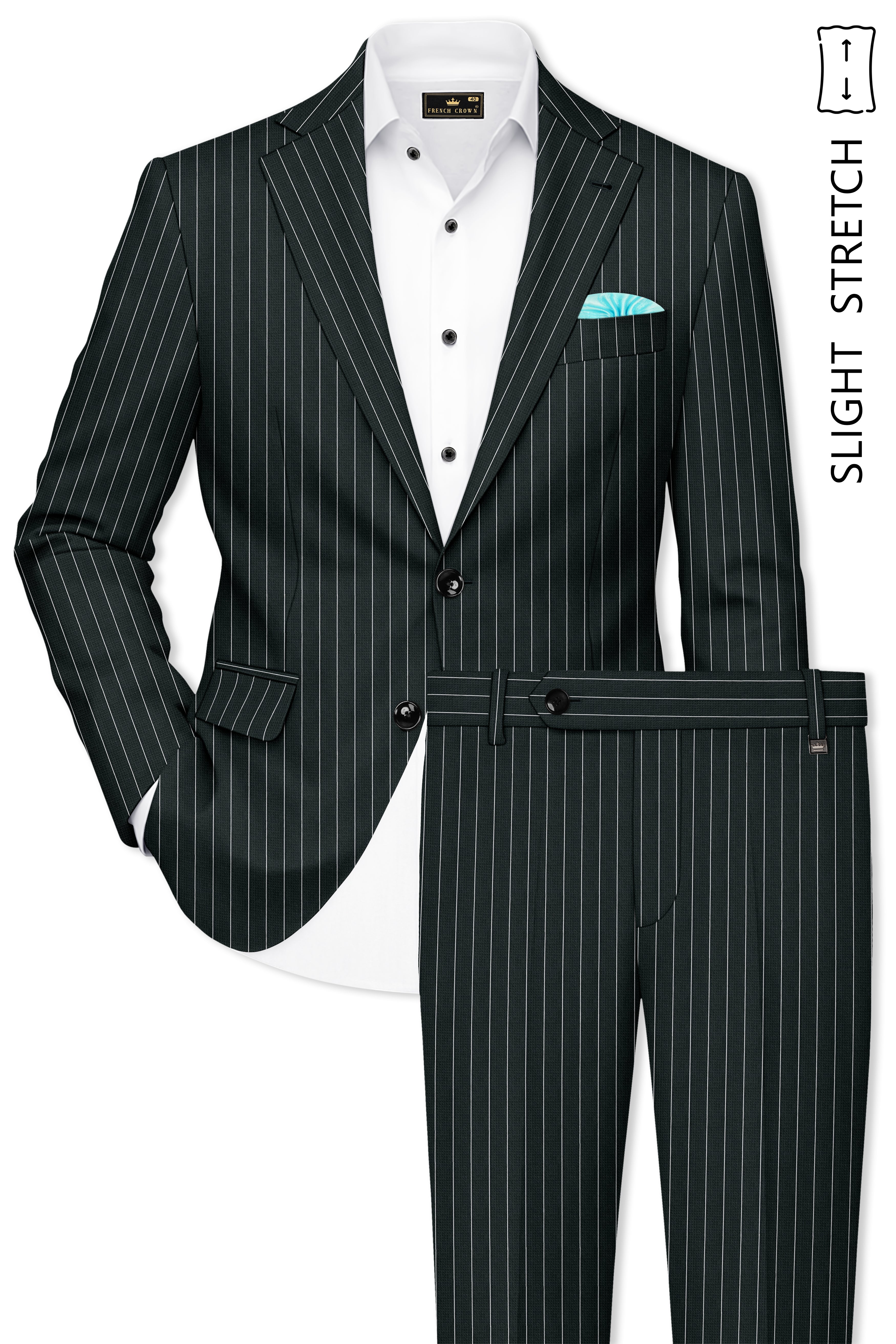 Viceroy-Hunter Green And Bright White Chalk Striped Wool Rich Slight Stretch Single Breasted Suit