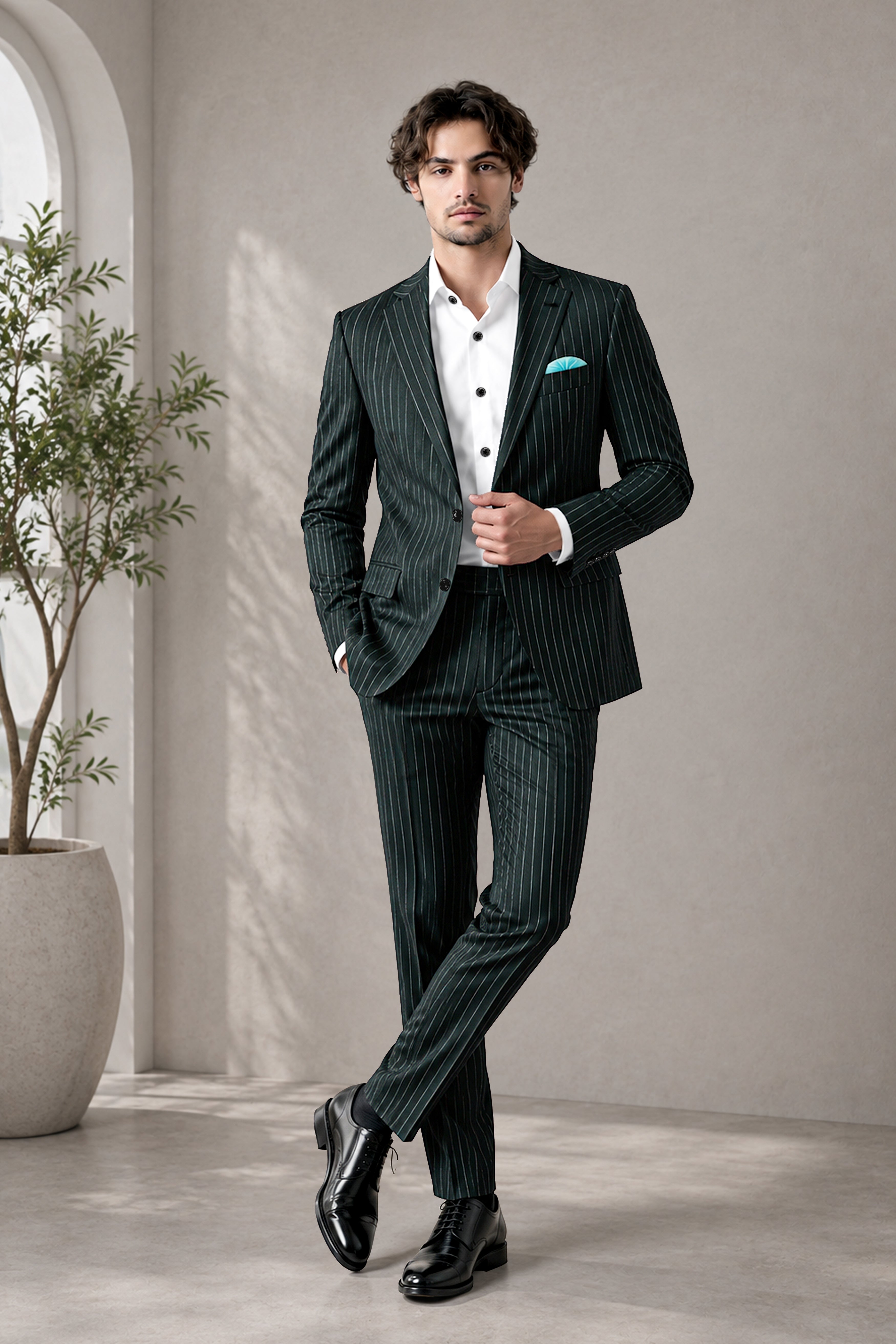 Viceroy-Hunter Green And Bright White Chalk Striped Wool Rich Slight Stretch Single Breasted Suit