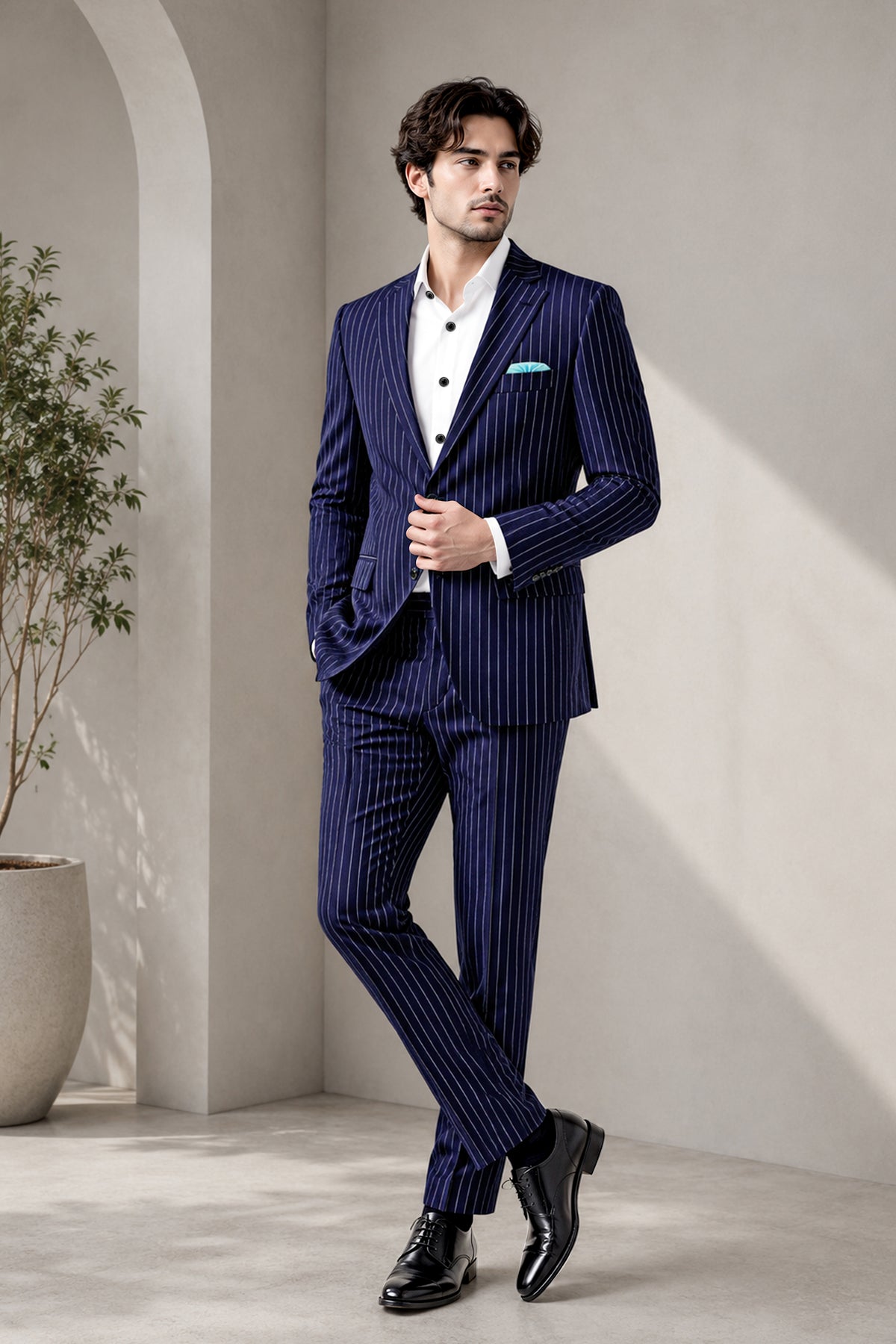Ascot-Berry Blue And Bright White Chalk Striped Wool Rich Slight Stretch Single Breasted Suit