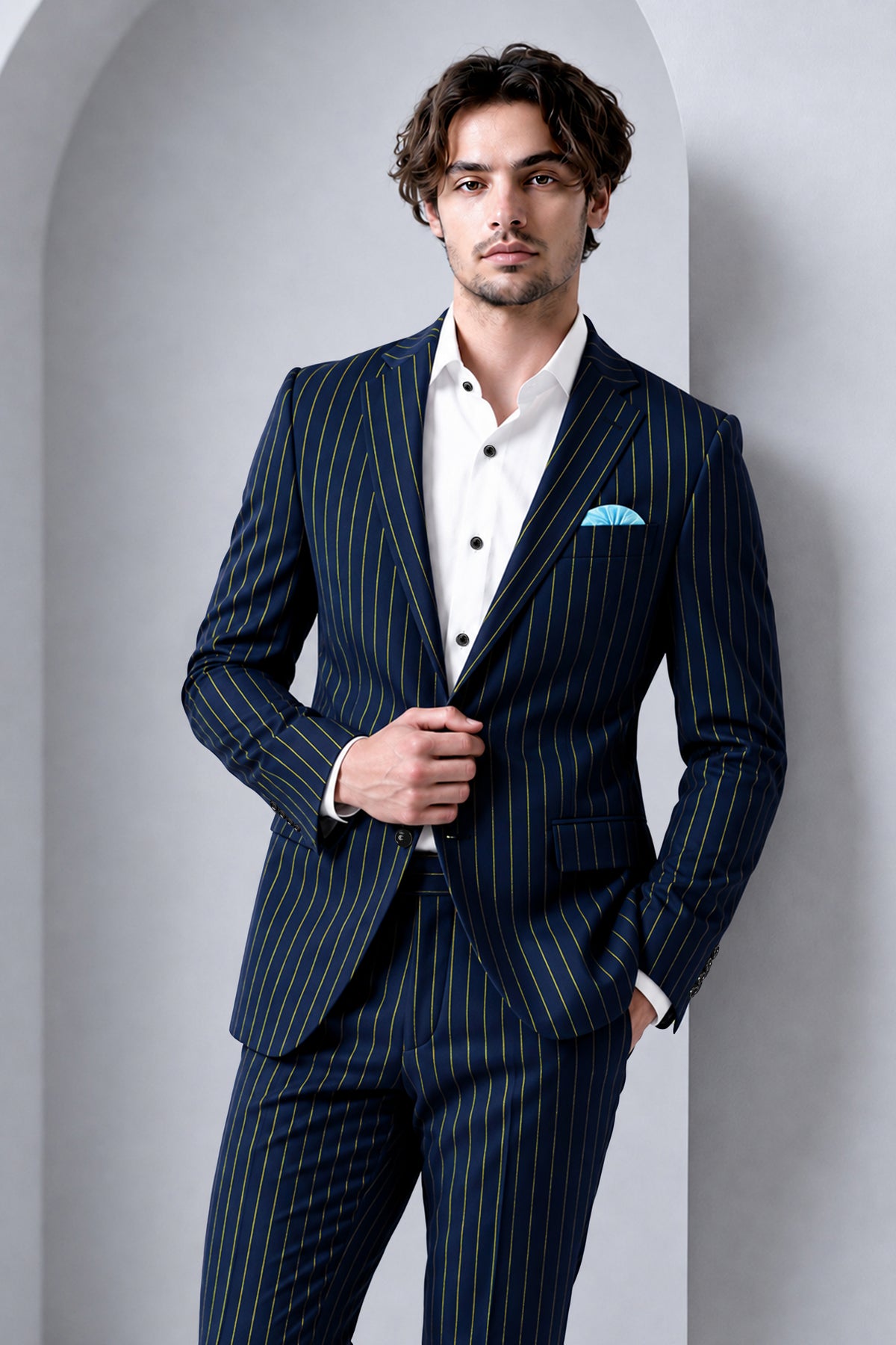 Aurum-Midnight Blue And Harvest Yellow Chalk Striped Wool Rich Slight Stretch Single Breasted Suit