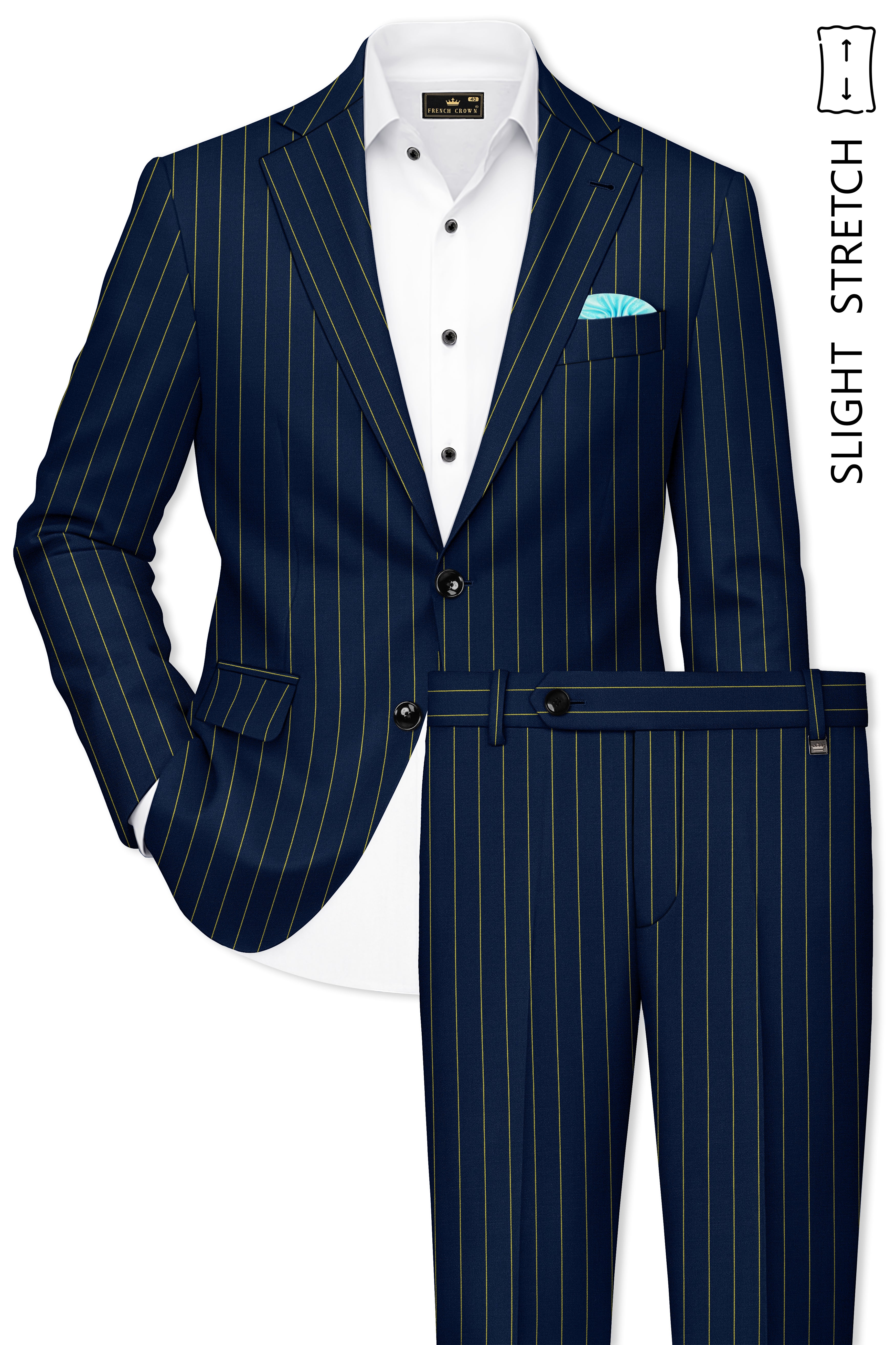 Aurum-Midnight Blue And Harvest Yellow Chalk Striped Wool Rich Slight Stretch Single Breasted Suit