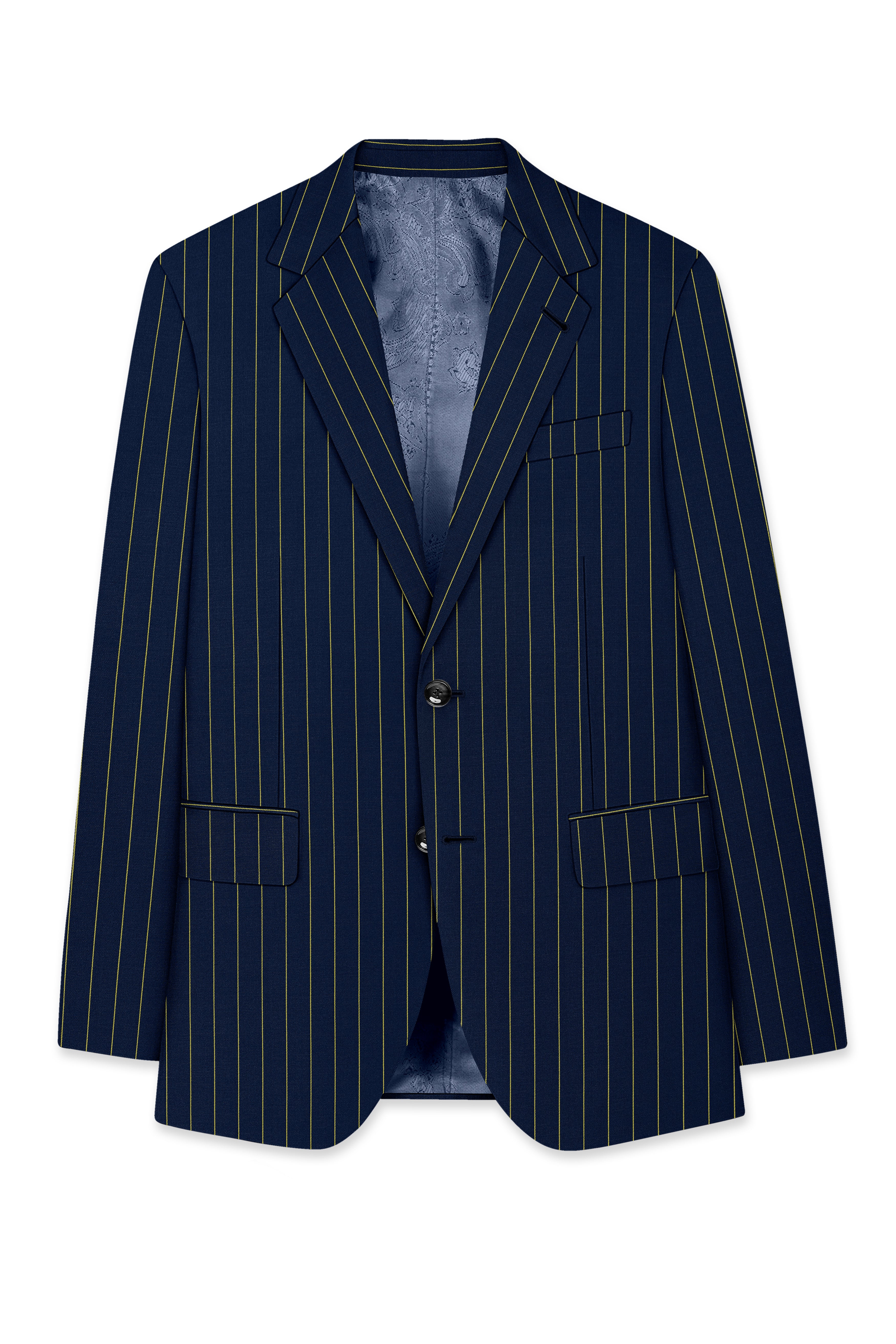 Aurum-Midnight Blue And Harvest Yellow Chalk Striped Wool Rich Slight Stretch Single Breasted Suit