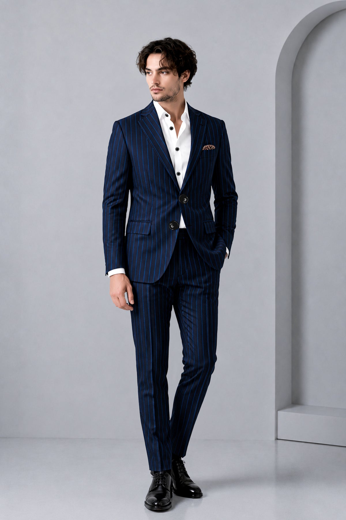 Strivon-Tealish Blue Chalk Striped Wool Rich Slight Stretch Single Breasted Suit