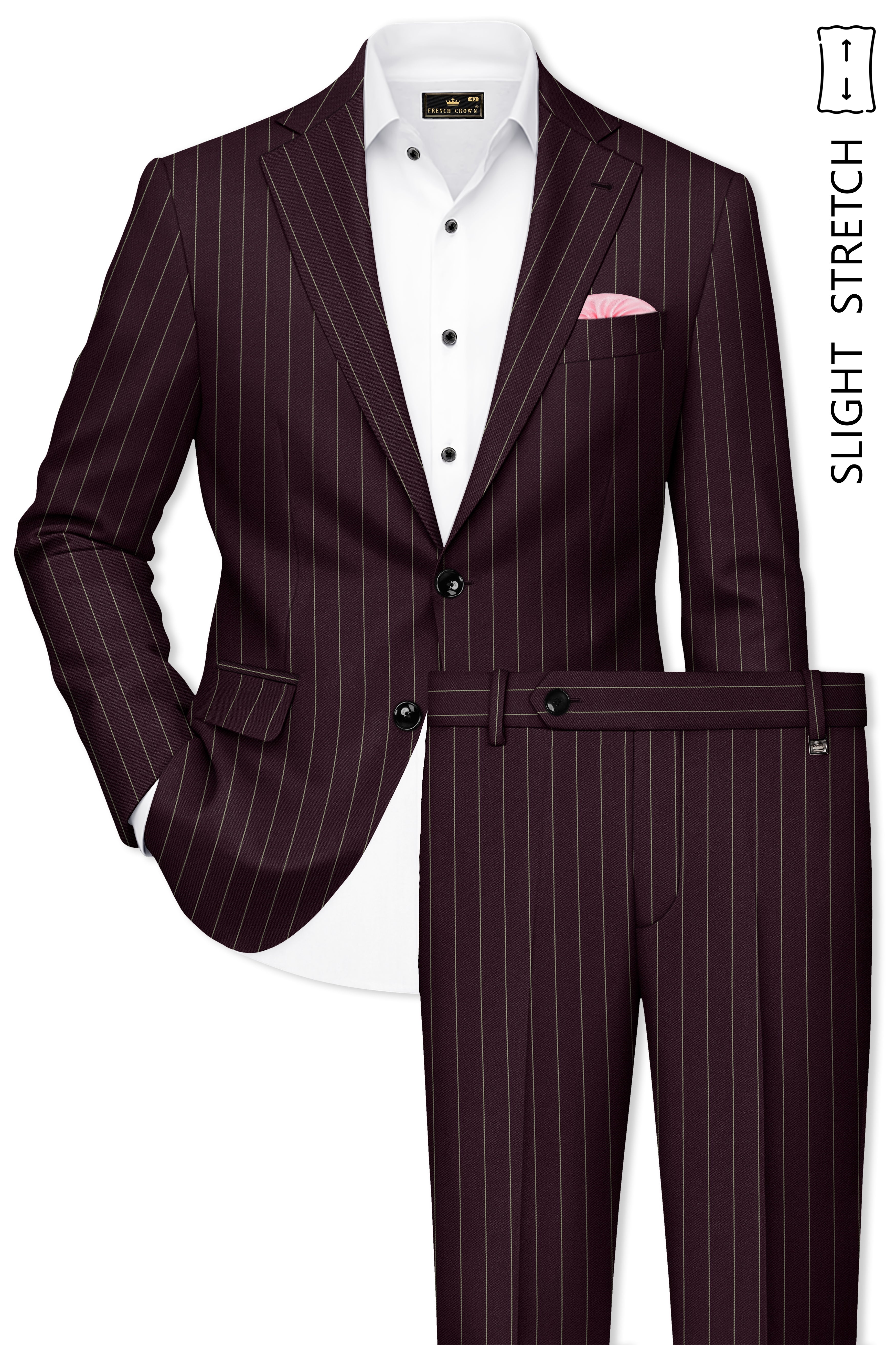 Valiant-Seal Maroon And Bright White Chalk Striped Wool Rich Slight Stretch Single Breasted Suit