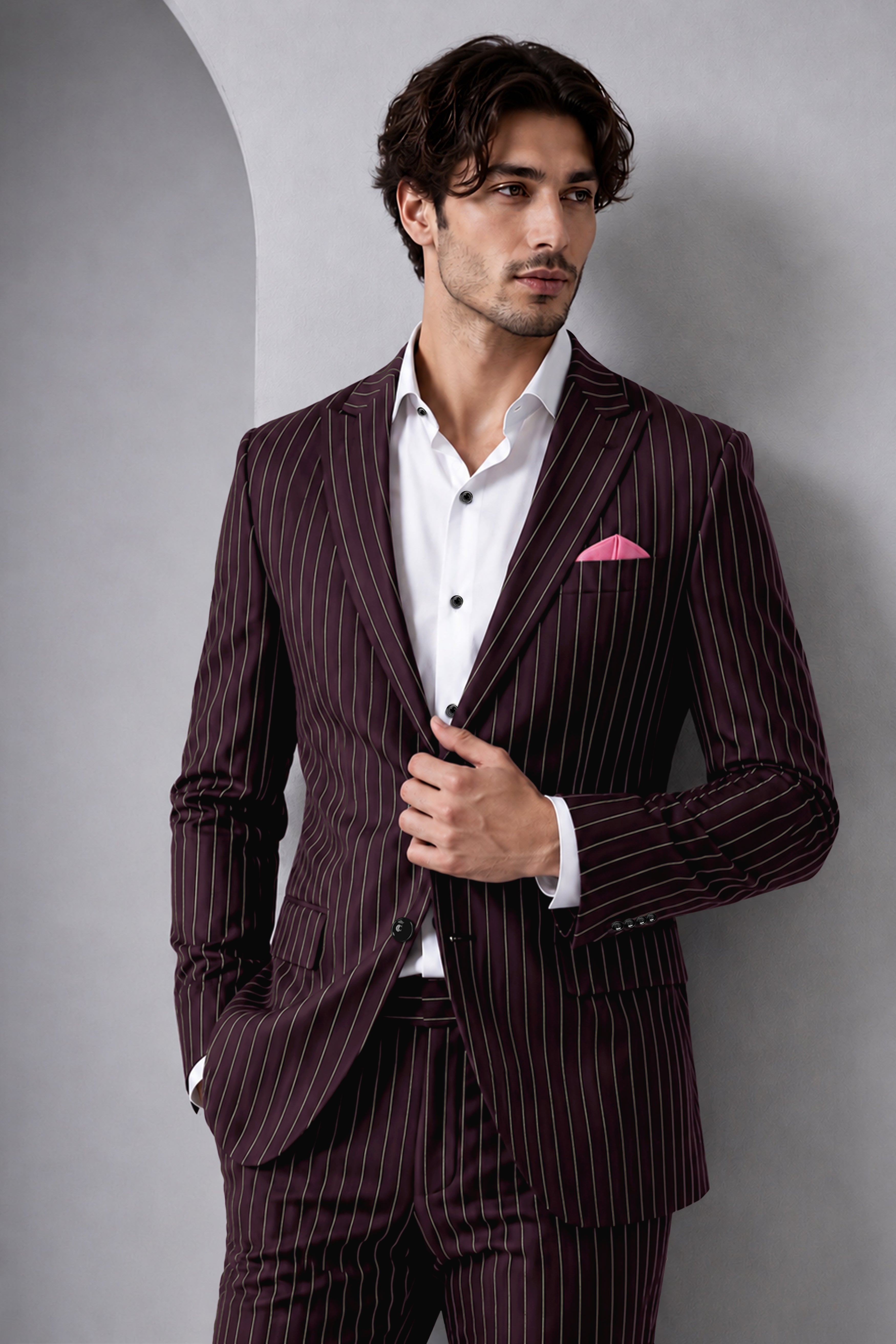 Valiant-Seal Maroon And Bright White Chalk Striped Wool Rich Slight Stretch Single Breasted Suit