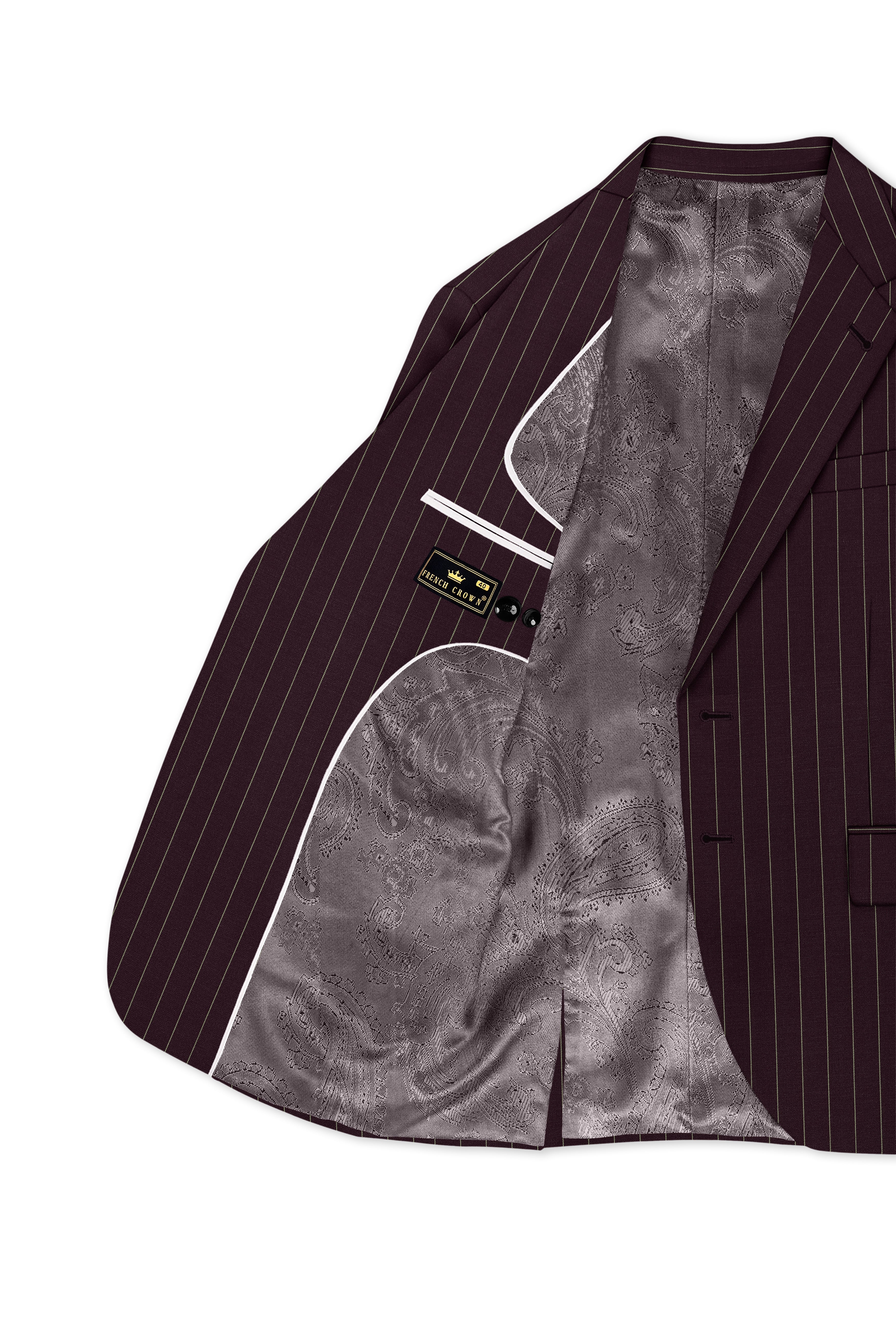Valiant-Seal Maroon And Bright White Chalk Striped Wool Rich Slight Stretch Single Breasted Suit