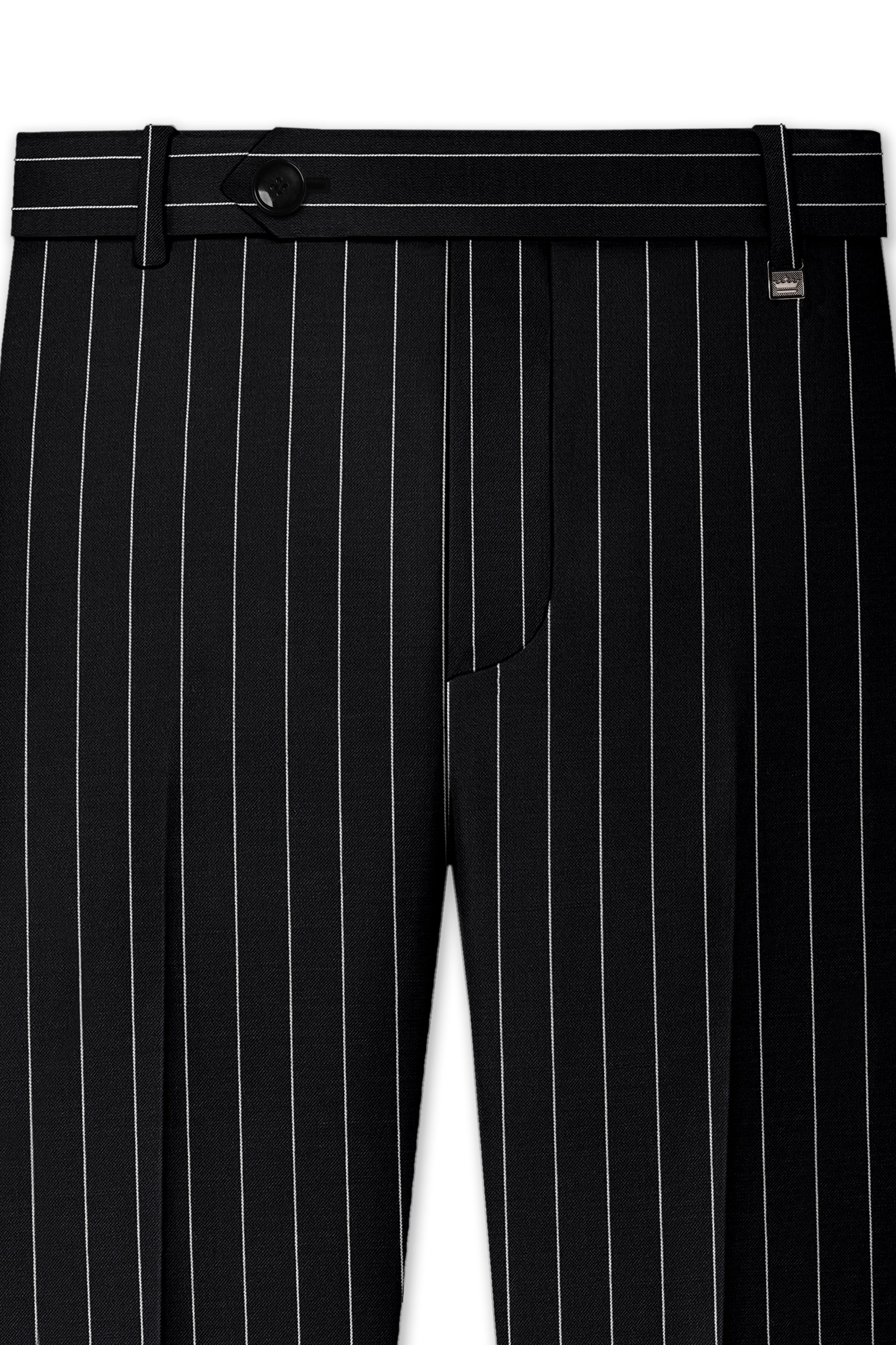 Veritas-Jade Black And Bright White Pin Striped Wool Rich Slight Stretch Single Breasted Suit