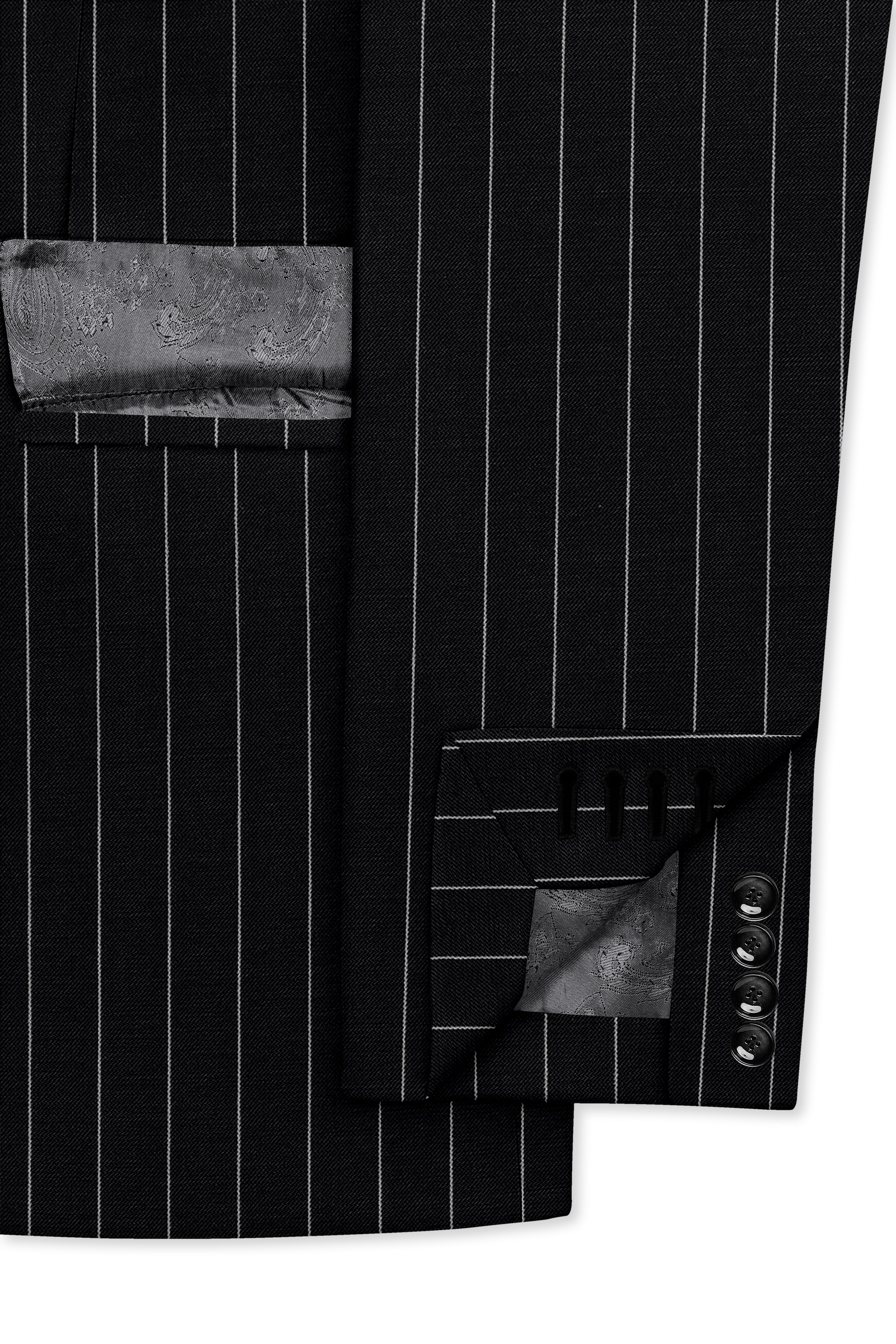Veritas-Jade Black And Bright White Pin Striped Wool Rich Slight Stretch Single Breasted Suit