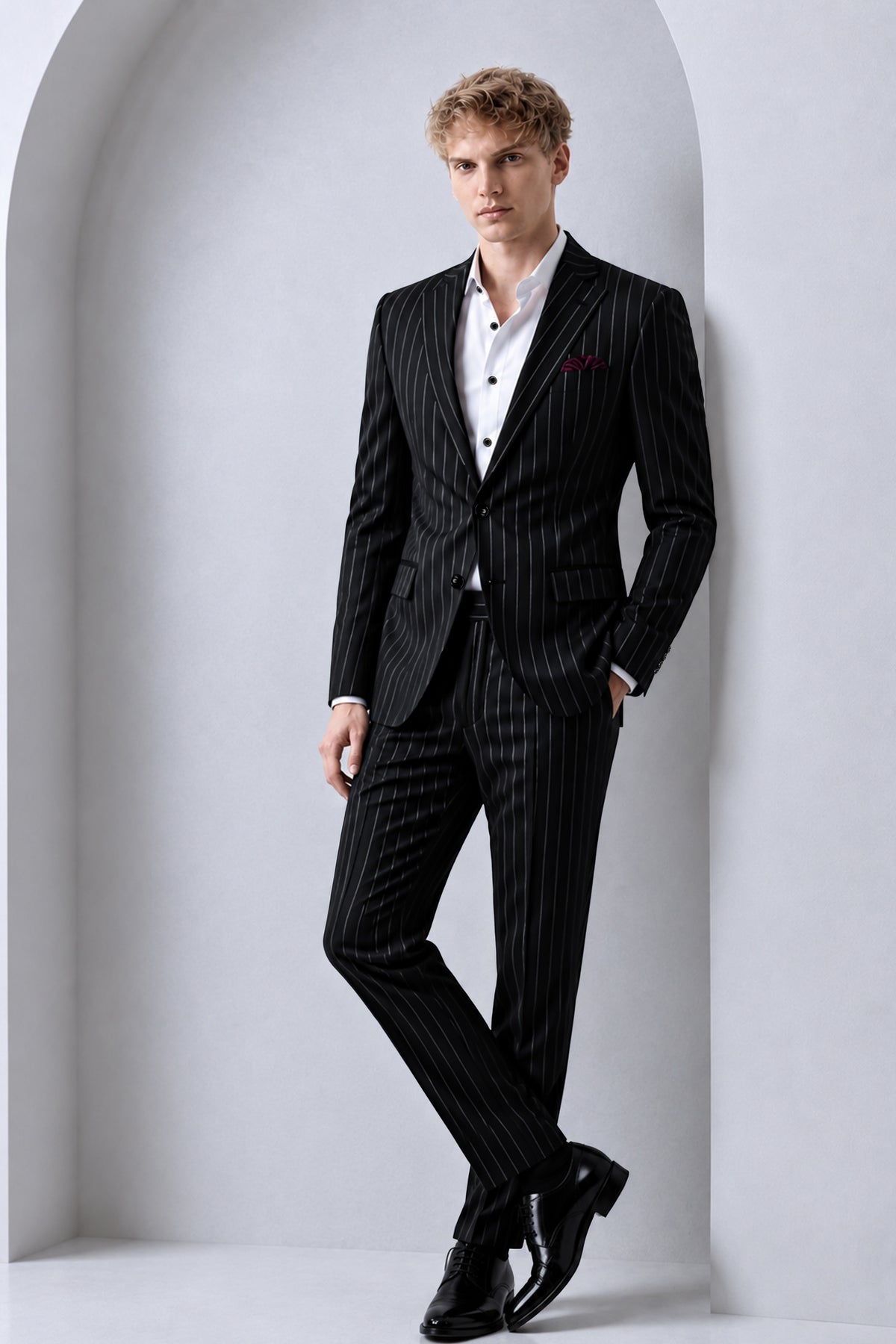 Noirline-Jade Black And Bright White Awning Striped Wool Rich Slight Stretch Single Breasted Suit