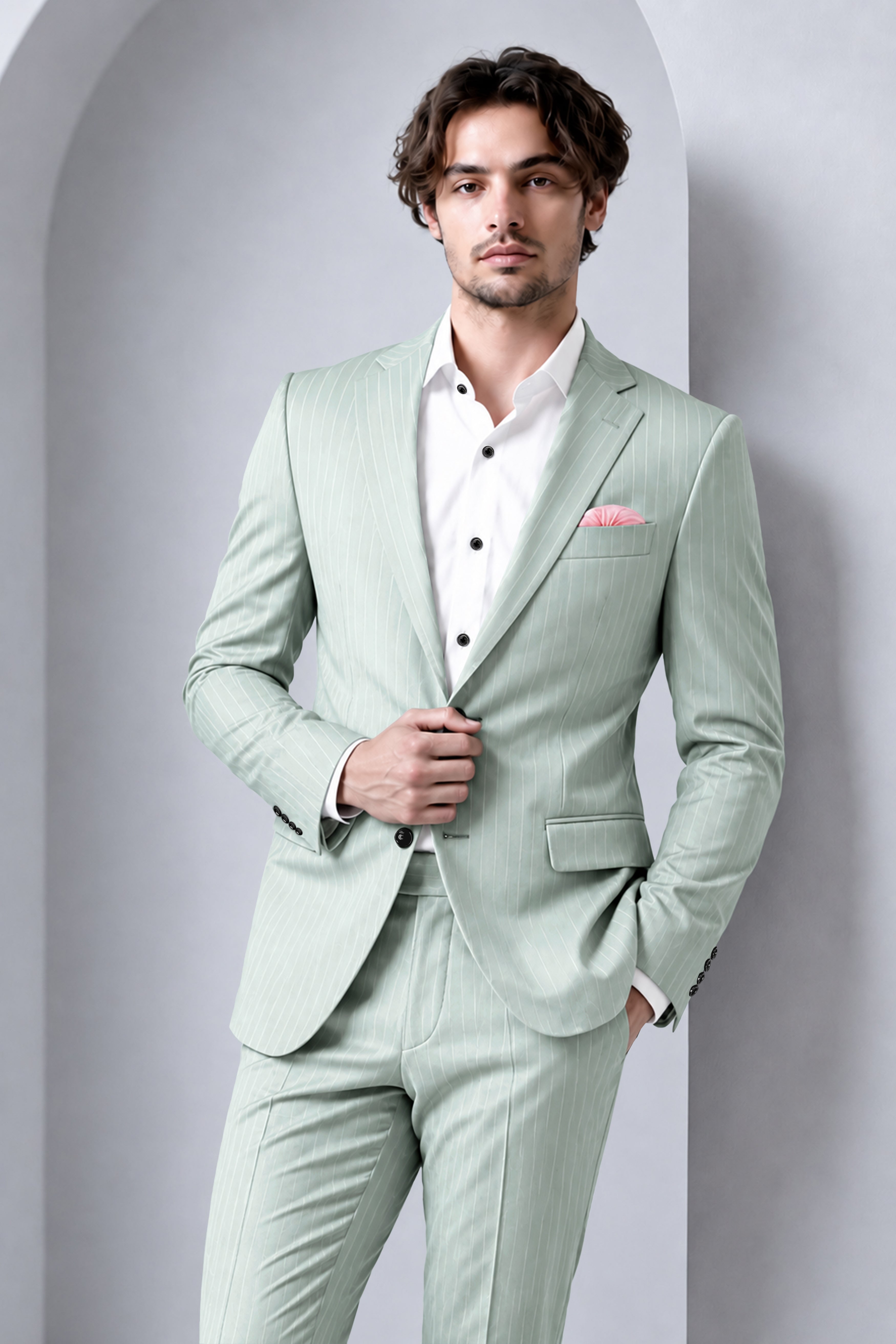 Halcyon-Pale Slate Green Herringbone Striped Wool Rich Slight Stretch Single Breasted Suit
