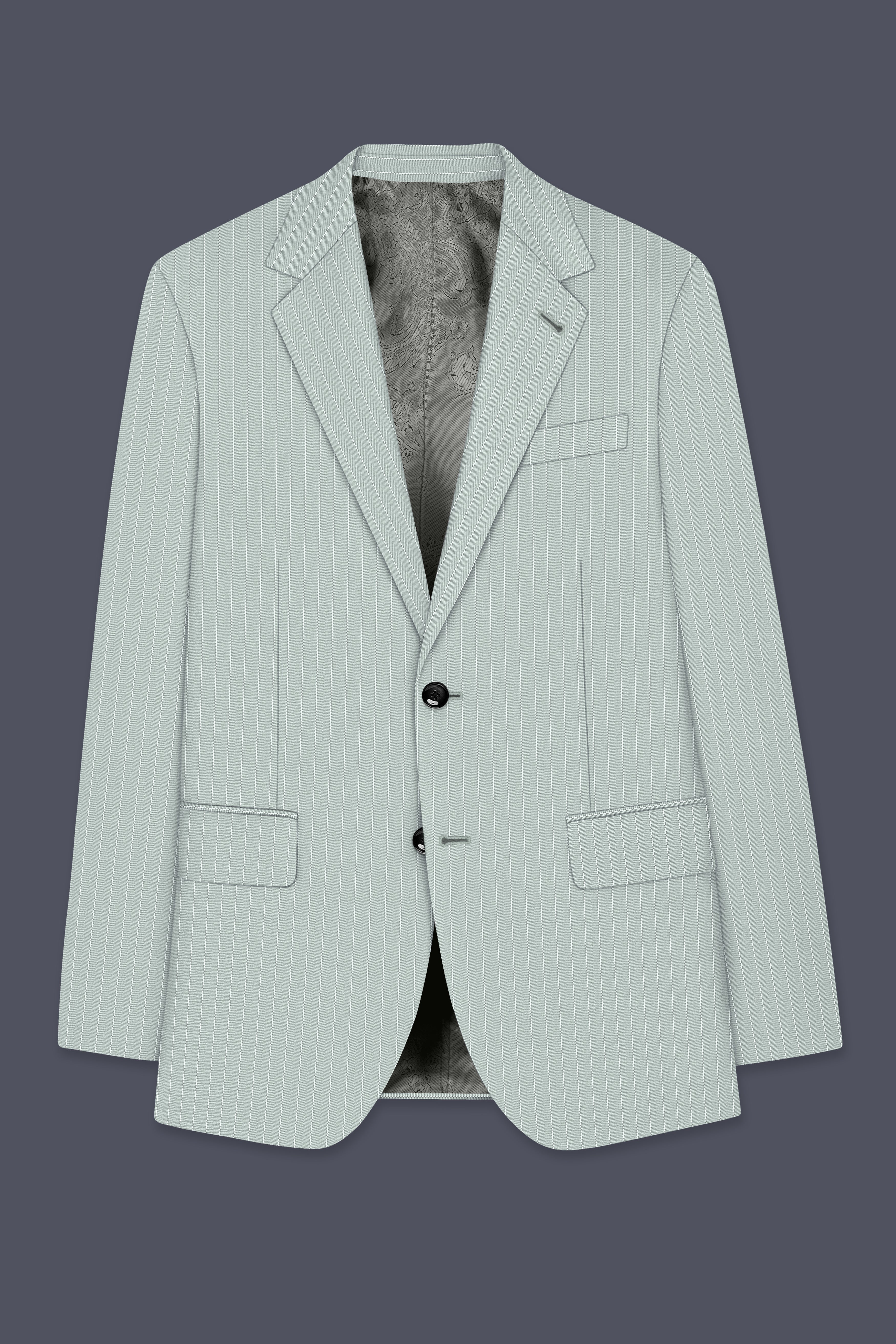 Halcyon-Pale Slate Green Herringbone Striped Wool Rich Slight Stretch Single Breasted Suit