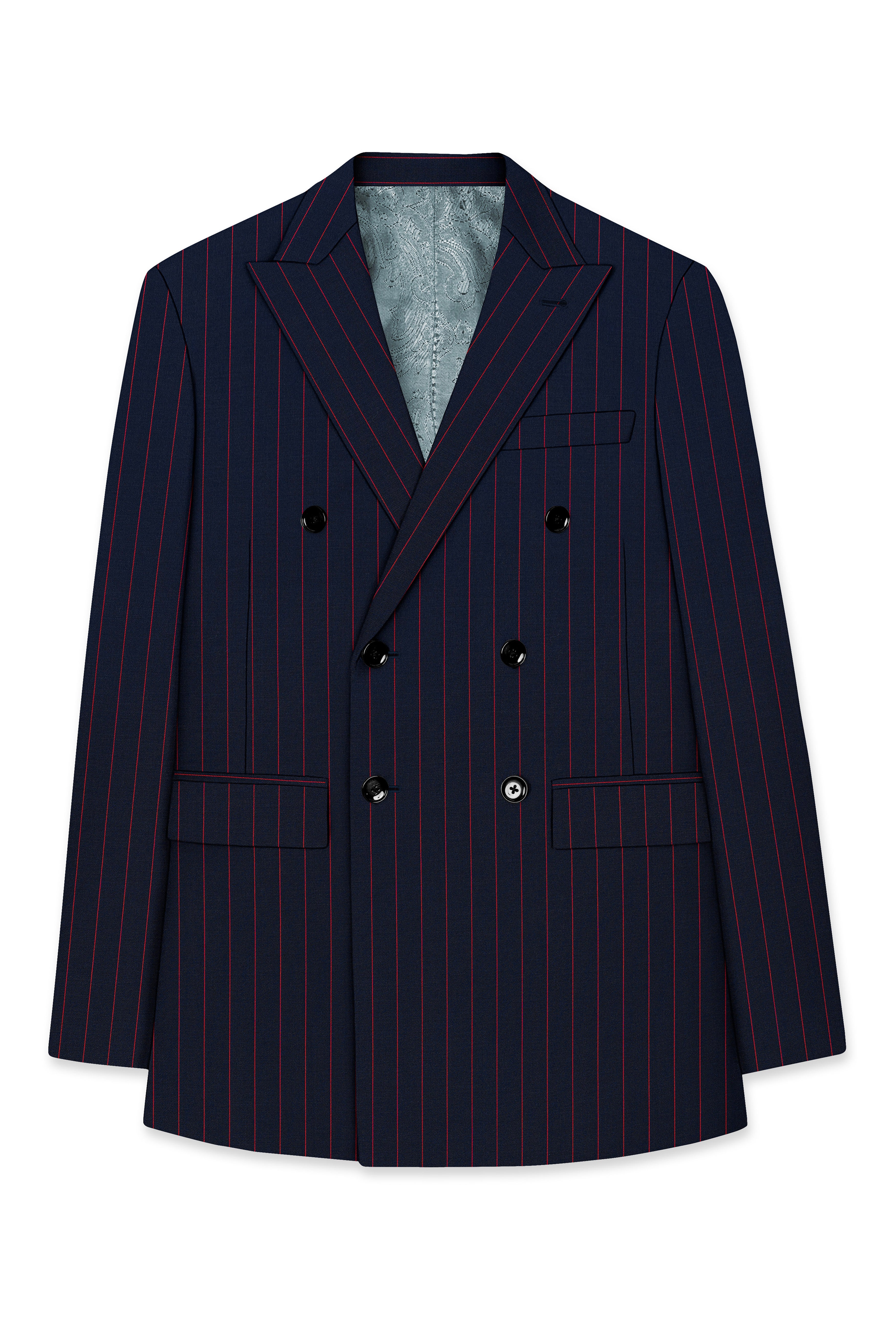 Striata-Haiti Blue And Brick Pink Chalk Striped Wool Rich Slight Stretch Double Breasted Suit