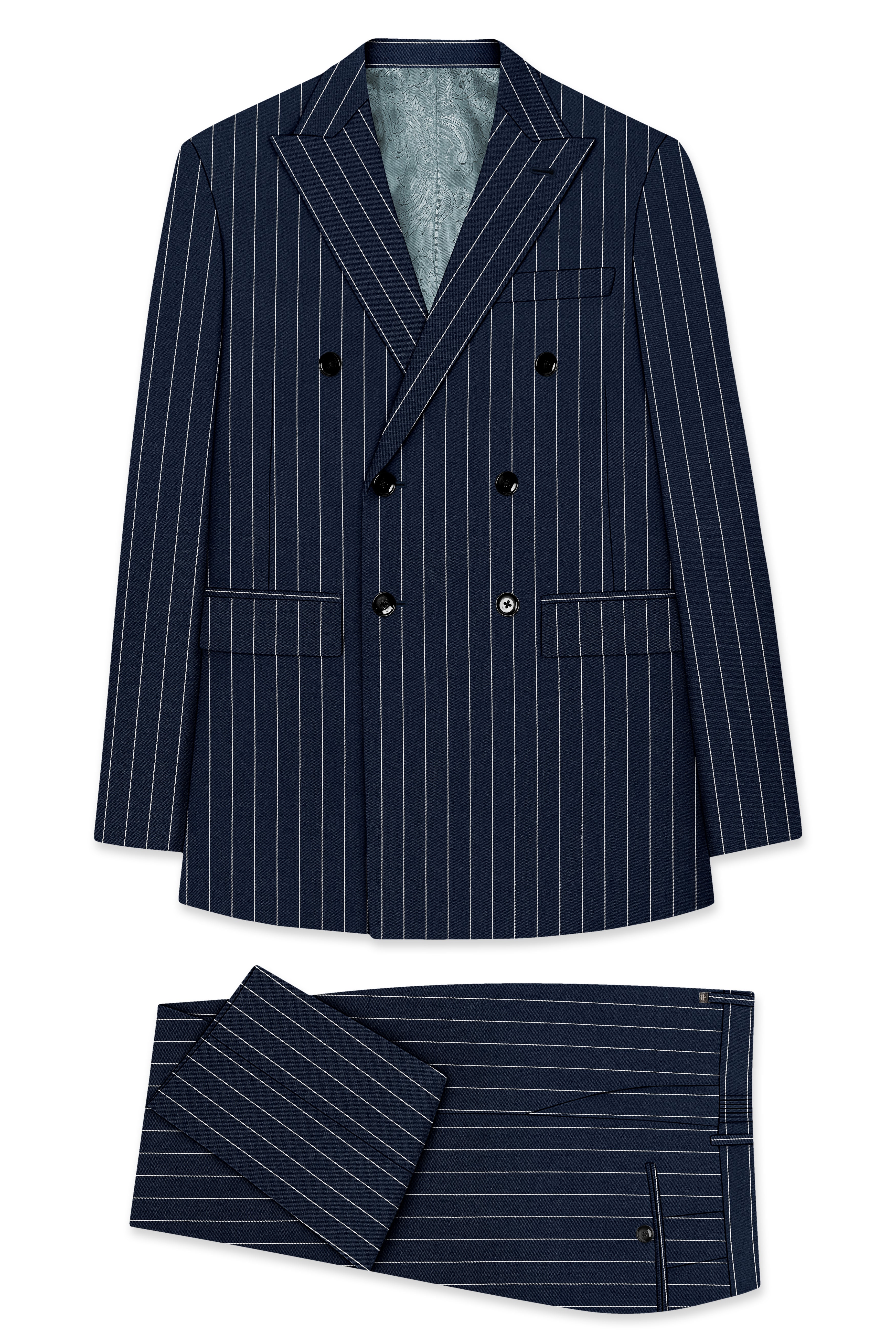 Azureon-Firefly Blue And Bright White Chalk Striped Wool Rich Slight Stretch Double Breasted Suit