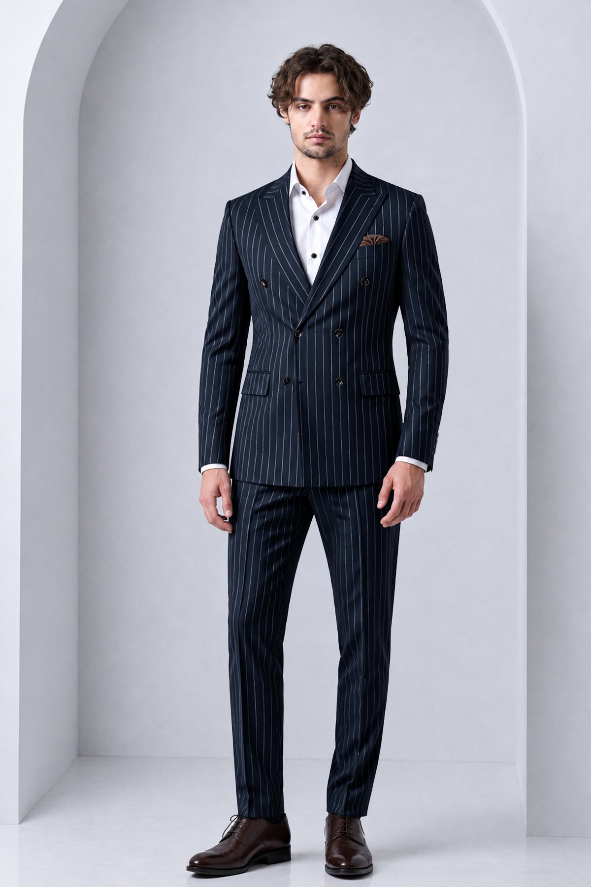 Azureon-Firefly Blue And Bright White Chalk Striped Wool Rich Slight Stretch Double Breasted Suit