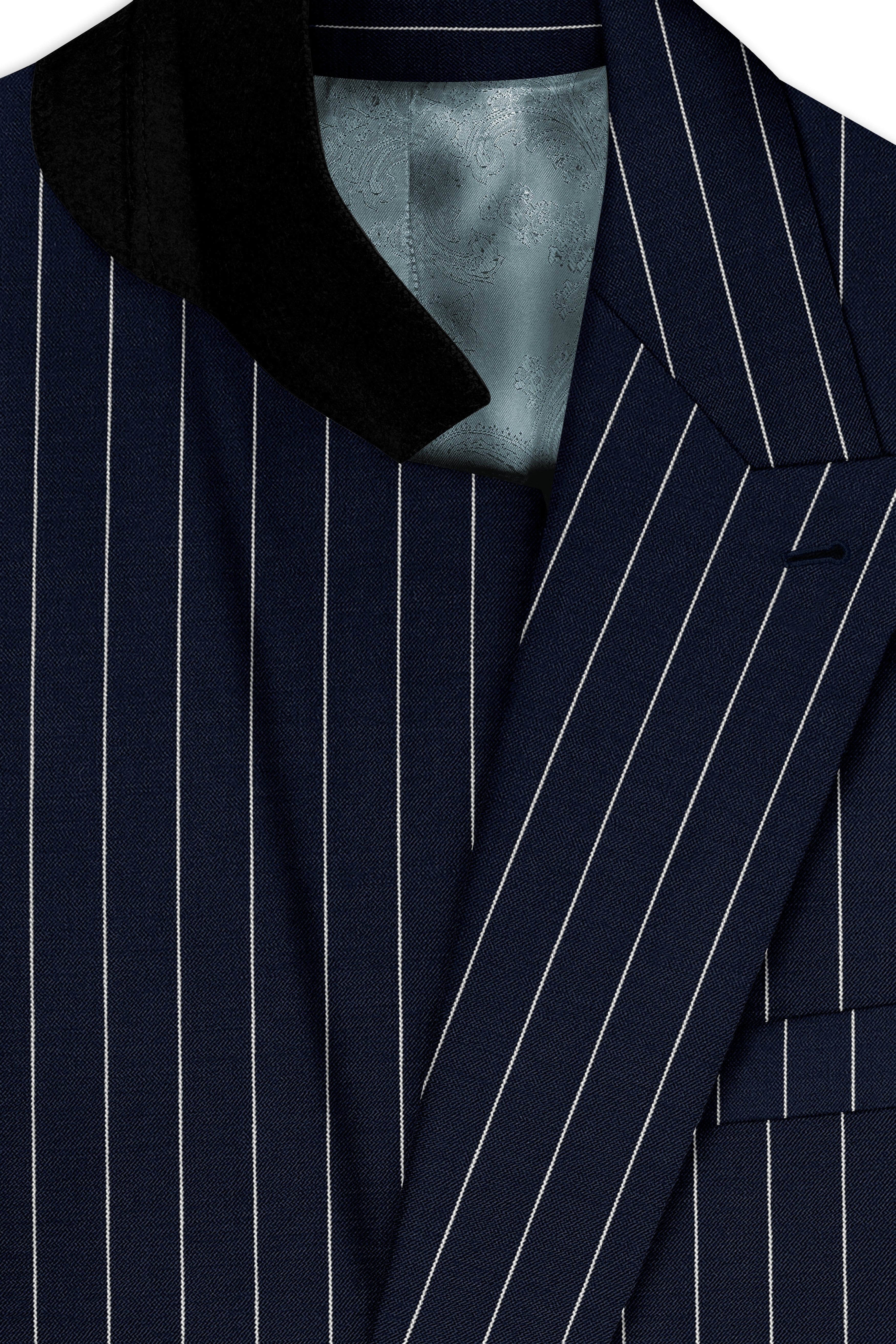 Azureon-Firefly Blue And Bright White Chalk Striped Wool Rich Slight Stretch Double Breasted Suit