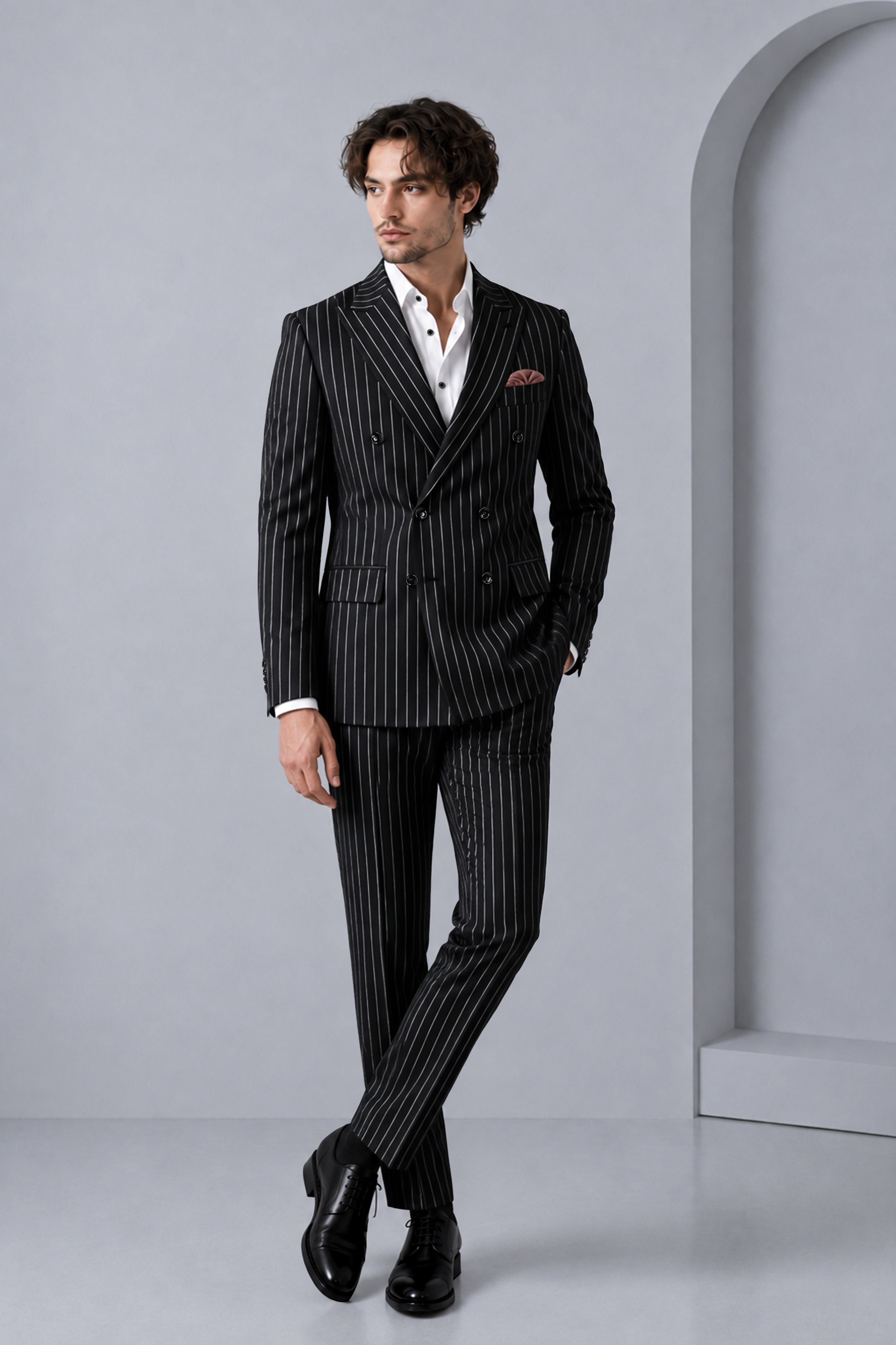 Viceroy-Jade Black And Bright White Chalk Striped Wool Rich Slight Stretch Double Breasted Suit