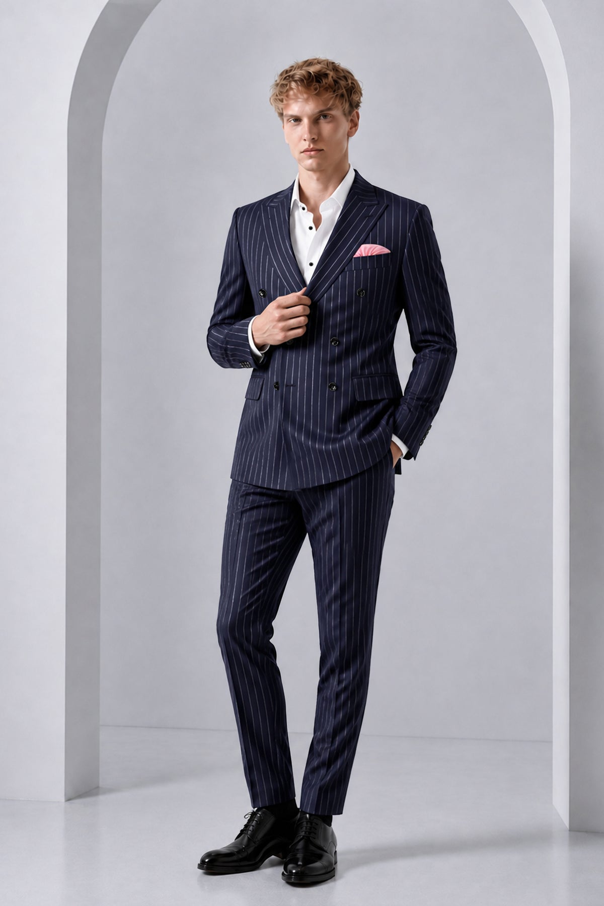 Regent-Ebony Blue And Bright White Chalk Striped Wool Rich Slight Stretch Double Breasted Suit