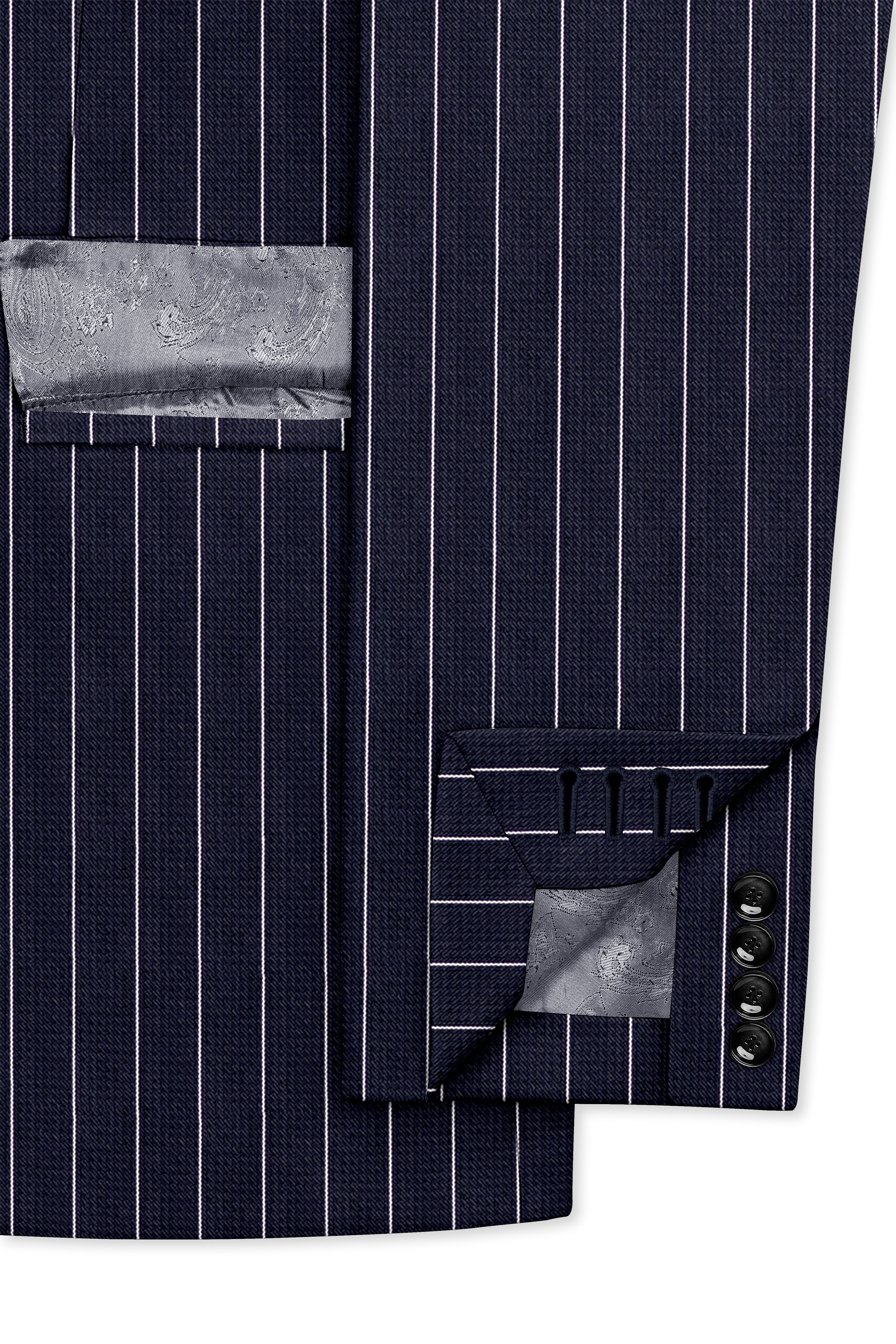 Regent-Ebony Blue And Bright White Chalk Striped Wool Rich Slight Stretch Double Breasted Suit