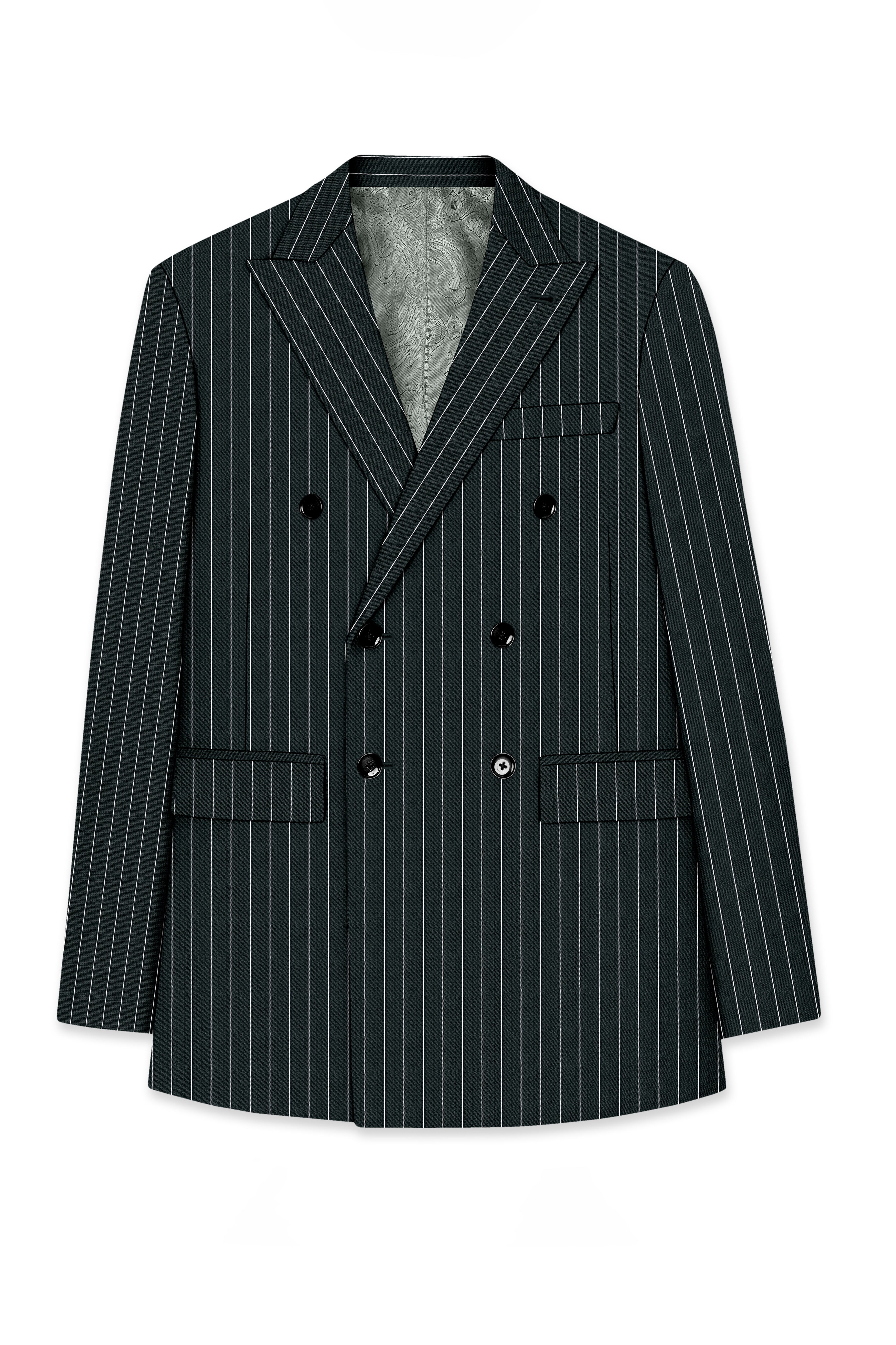 Viceroy-Hunter Green And Bright White Chalk Striped Wool Rich Slight Stretch Double Breasted Suit