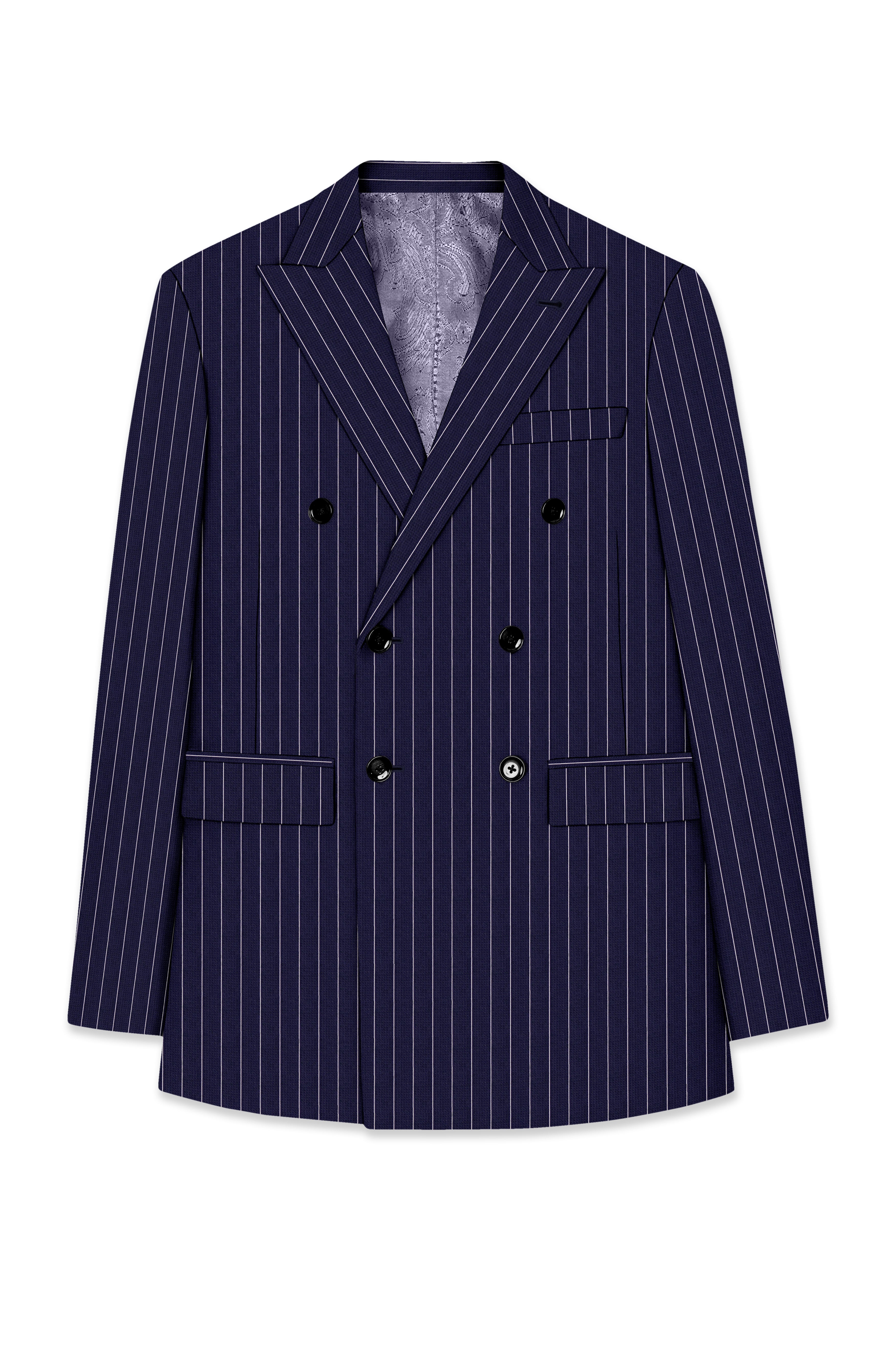 Ascot-Berry Blue And Bright White Chalk Striped Wool Rich Slight Stretch Double Breasted Suit