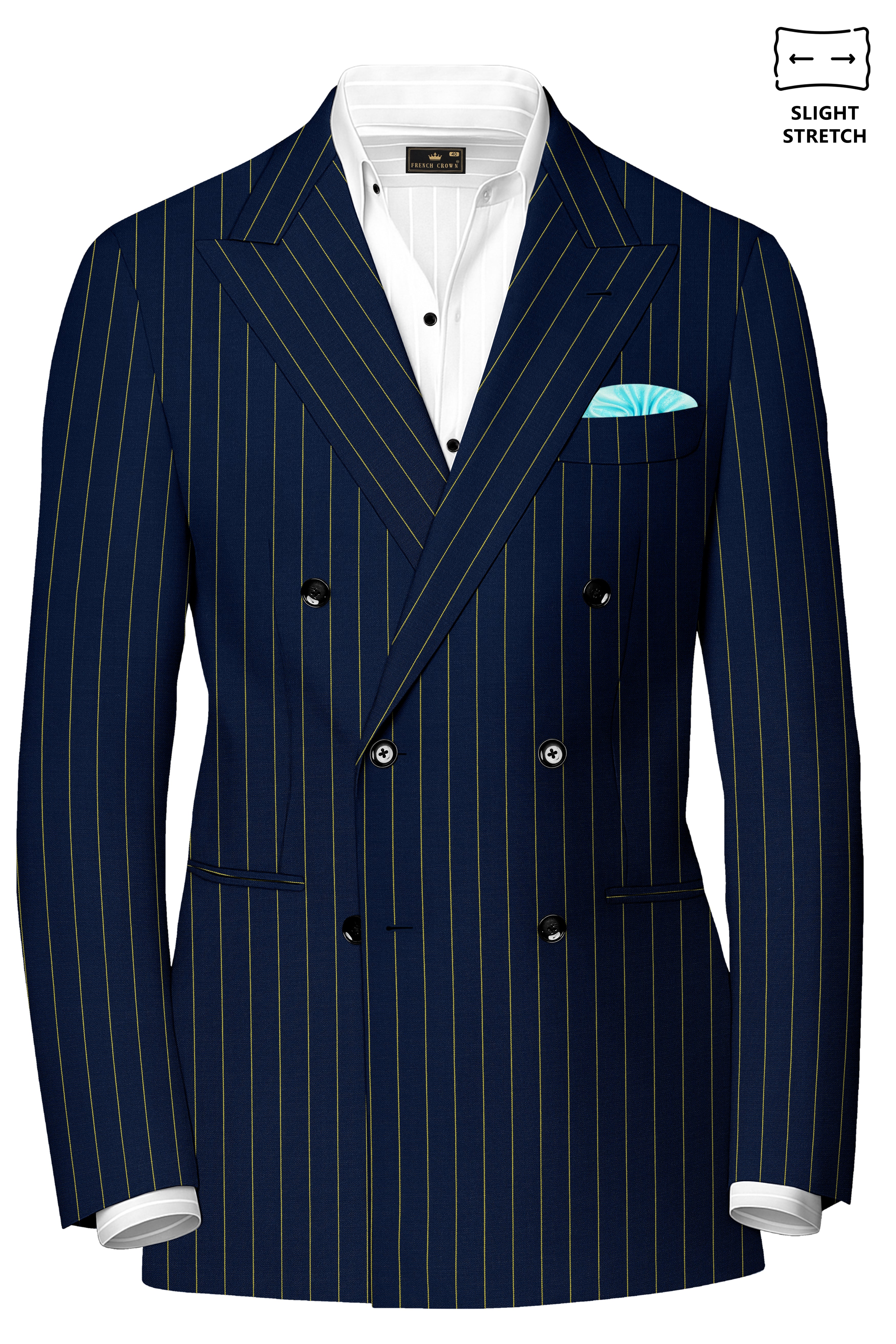 Aurum-Midnight Blue And Harvest Yellow Chalk Striped Wool Rich Slight Stretch Double Breasted Suit