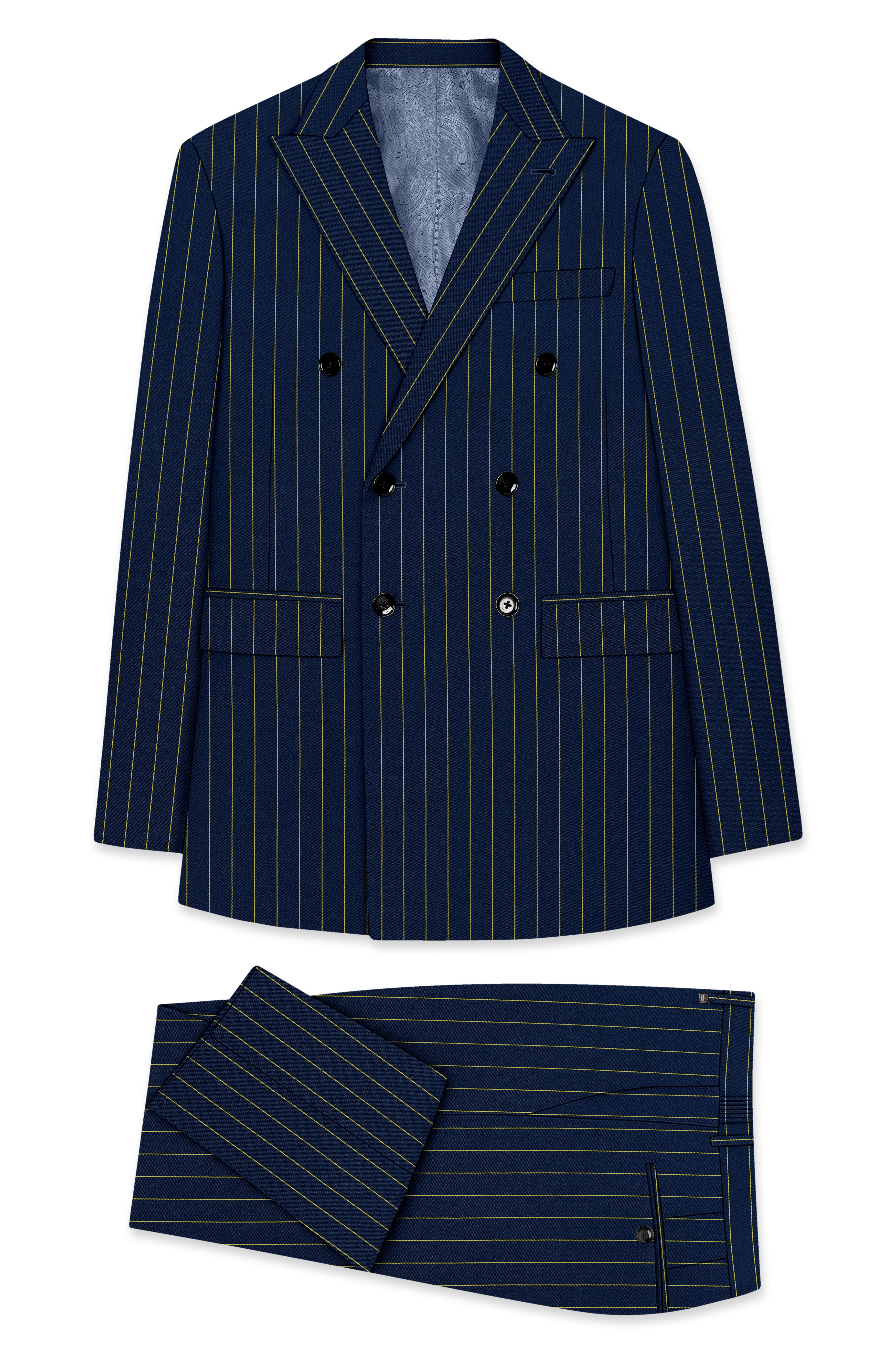 Aurum-Midnight Blue And Harvest Yellow Chalk Striped Wool Rich Slight Stretch Double Breasted Suit