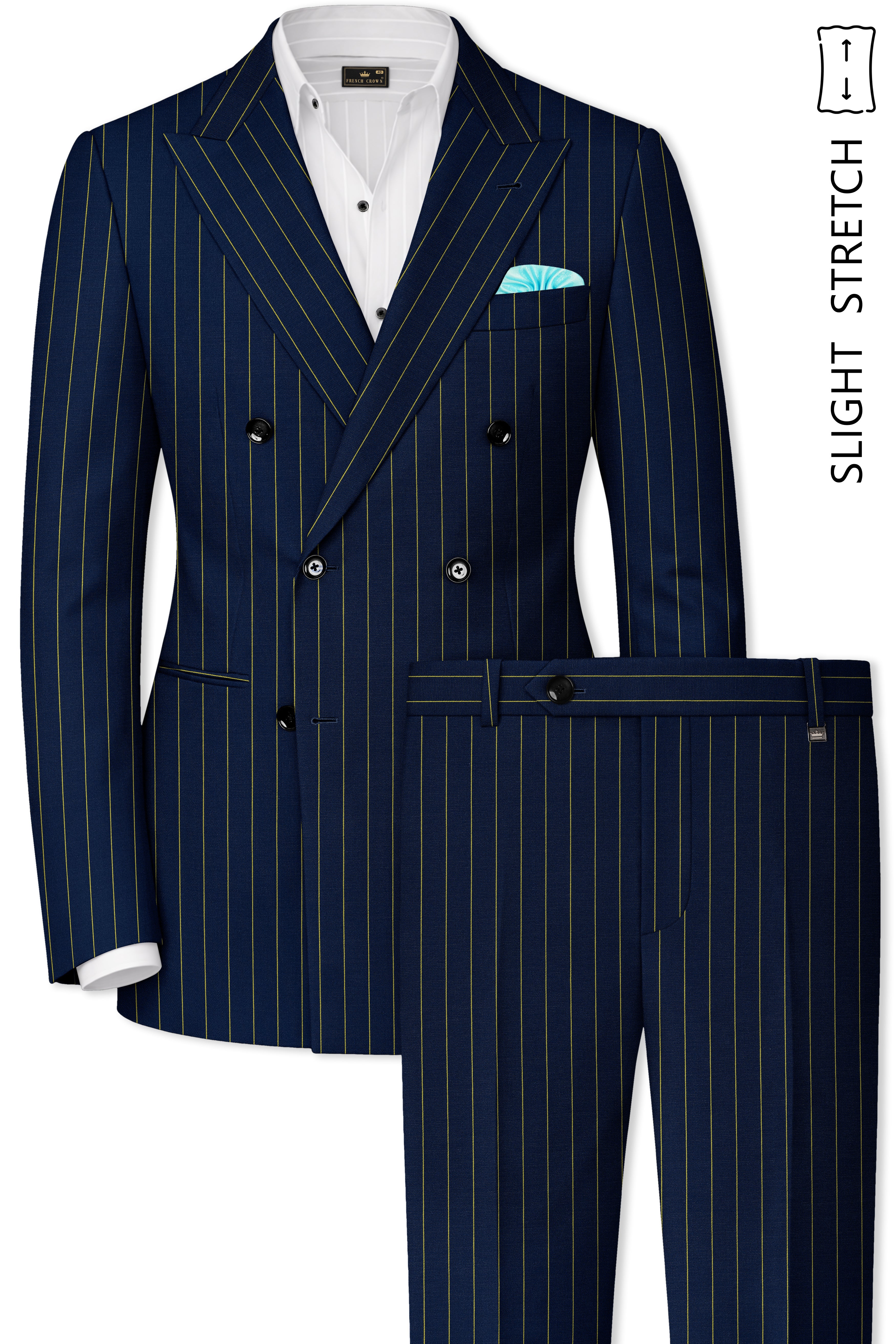 Aurum-Midnight Blue And Harvest Yellow Chalk Striped Wool Rich Slight Stretch Double Breasted Suit