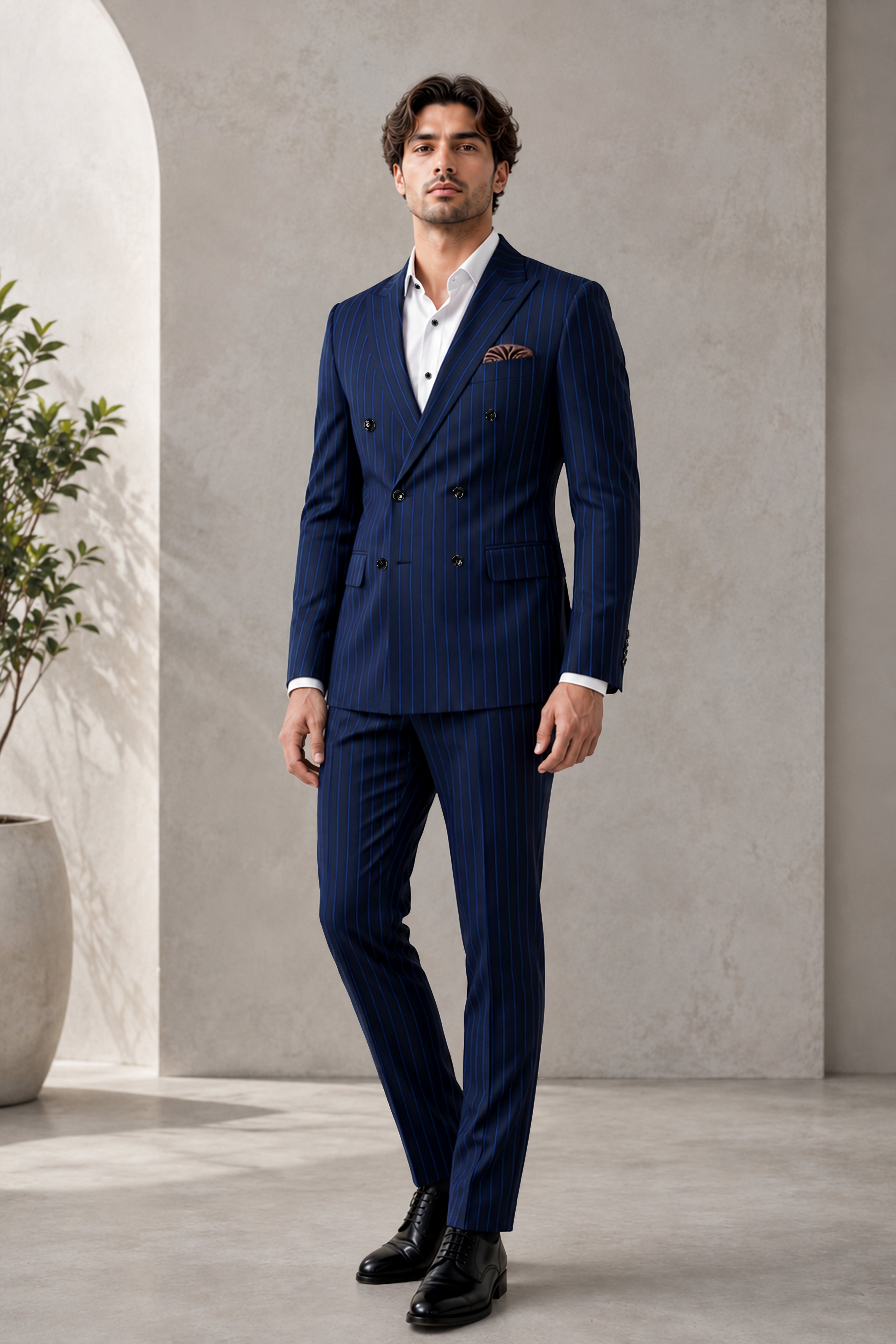Strivon-Tealish Blue Chalk Striped Wool Rich Slight Stretch Double Breasted Suit