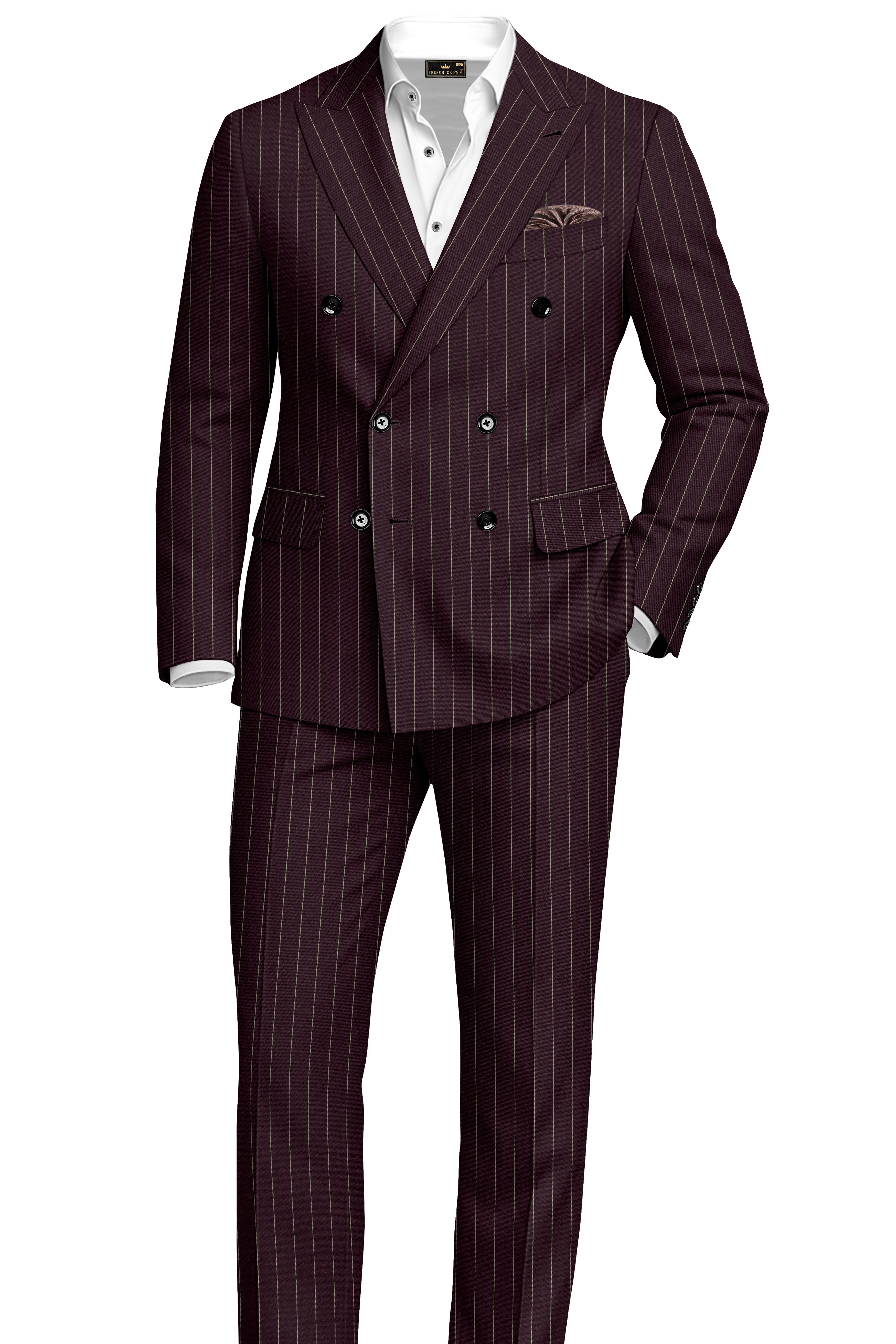 Valiant-Seal Maroon And Bright White Chalk Striped Wool Rich Slight Stretch Double Breasted Suit
