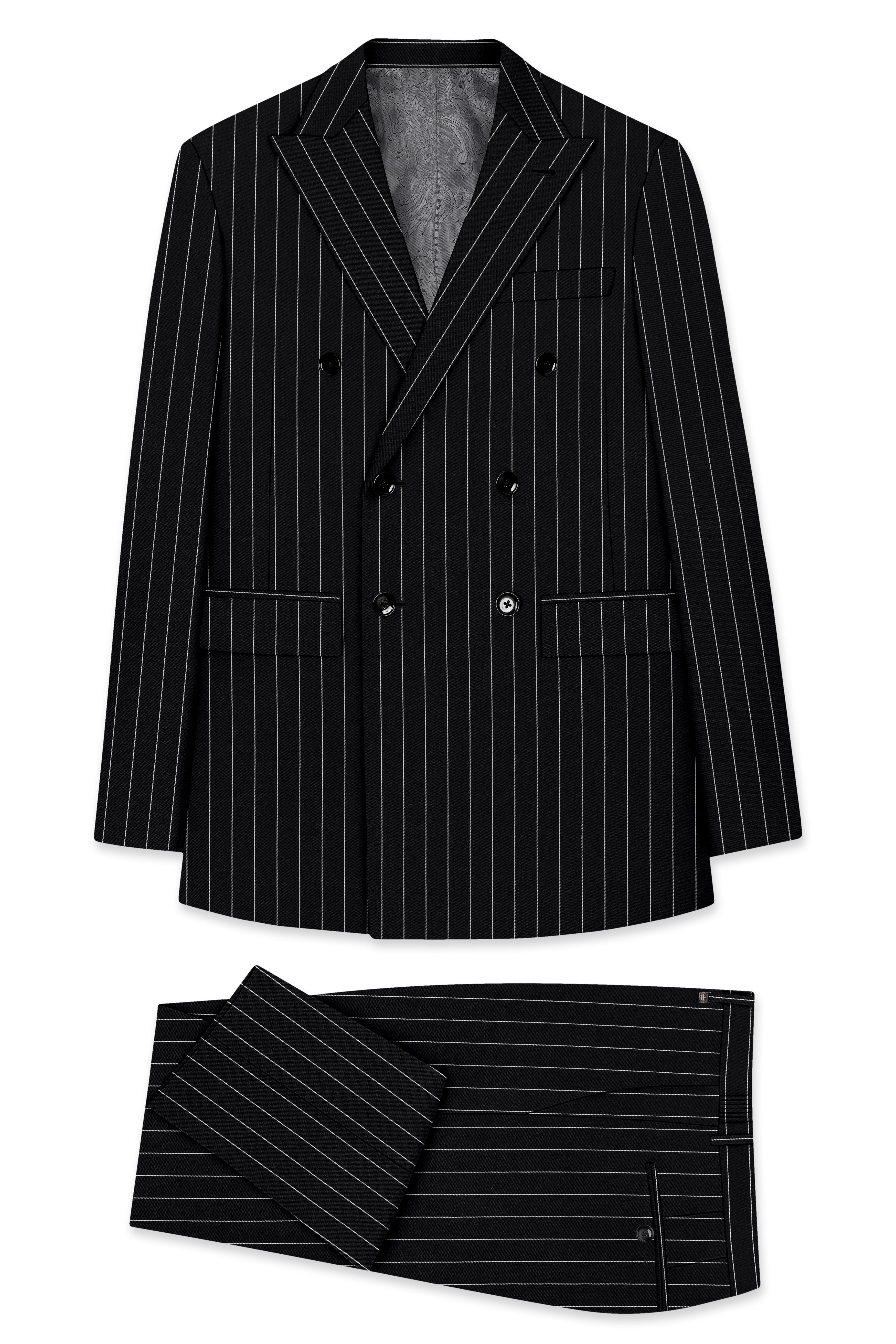 Veritas-Jade Black And Bright White Pin Striped Wool Rich Slight Stretch Double Breasted Suit