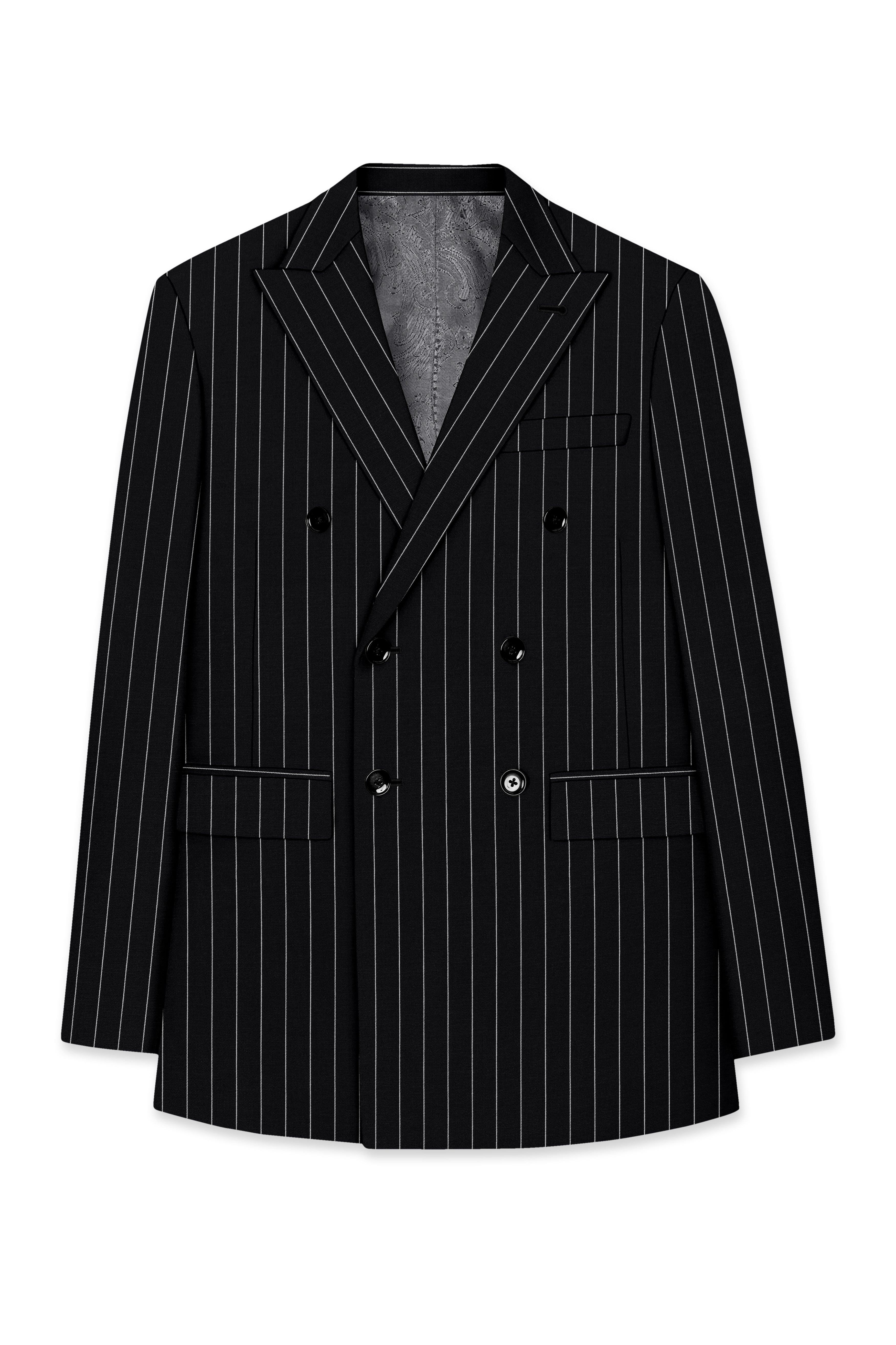 Veritas-Jade Black And Bright White Pin Striped Wool Rich Slight Stretch Double Breasted Suit