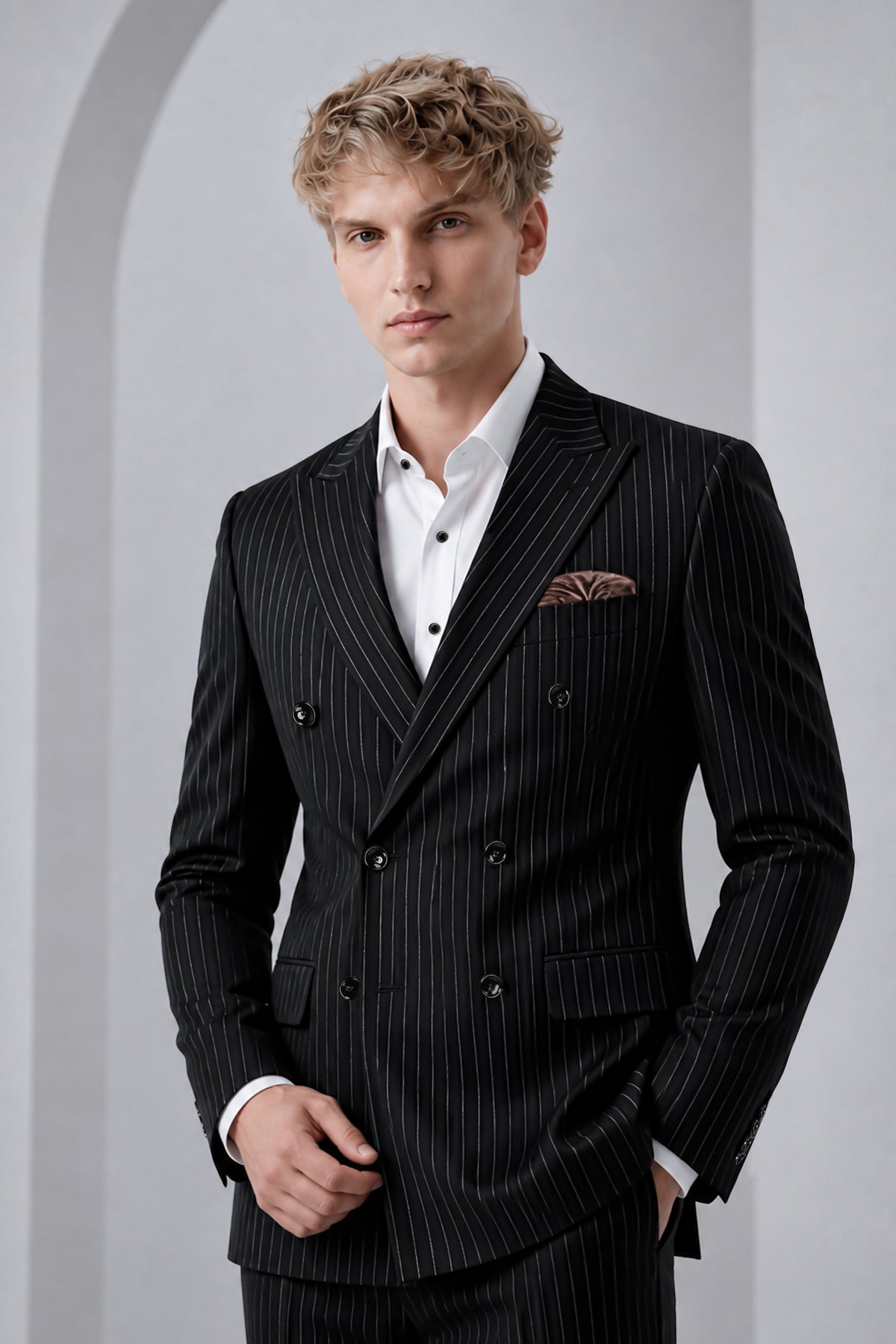 Noirline-Jade Black And Bright White Awning Striped Wool Rich Slight Stretch Double Breasted Suit