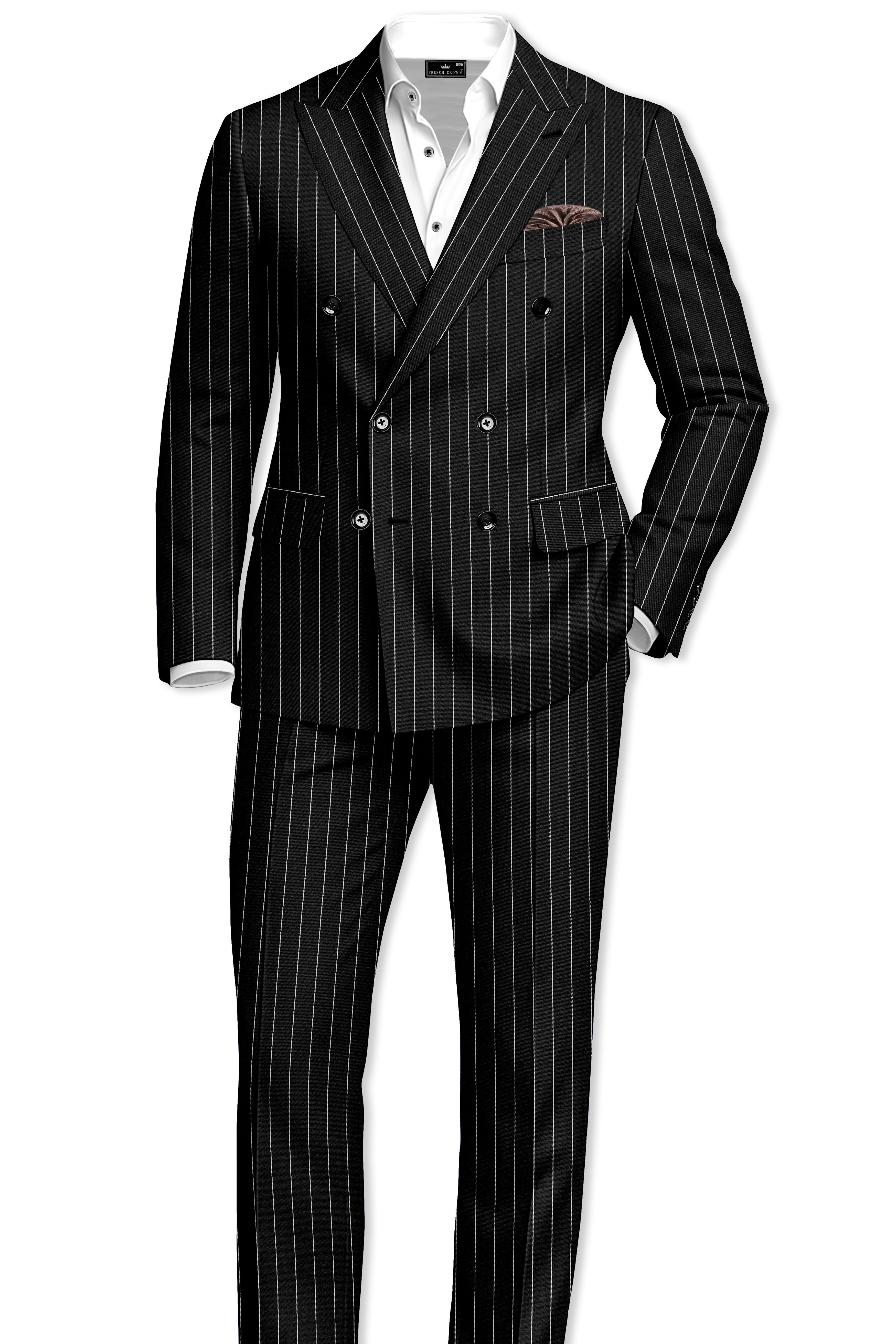 Noirline-Jade Black And Bright White Awning Striped Wool Rich Slight Stretch Double Breasted Suit