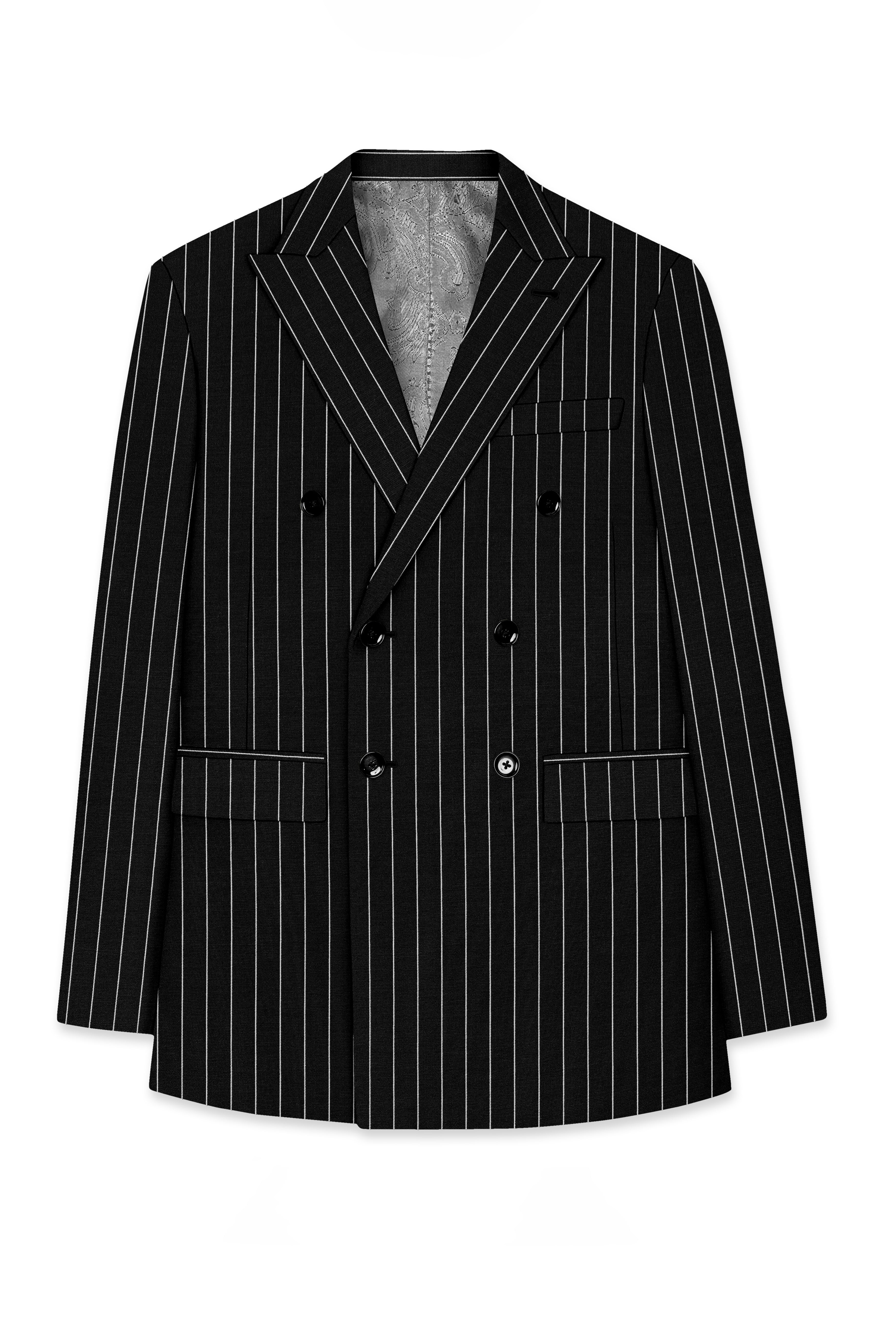 Noirline-Jade Black And Bright White Awning Striped Wool Rich Slight Stretch Double Breasted Suit
