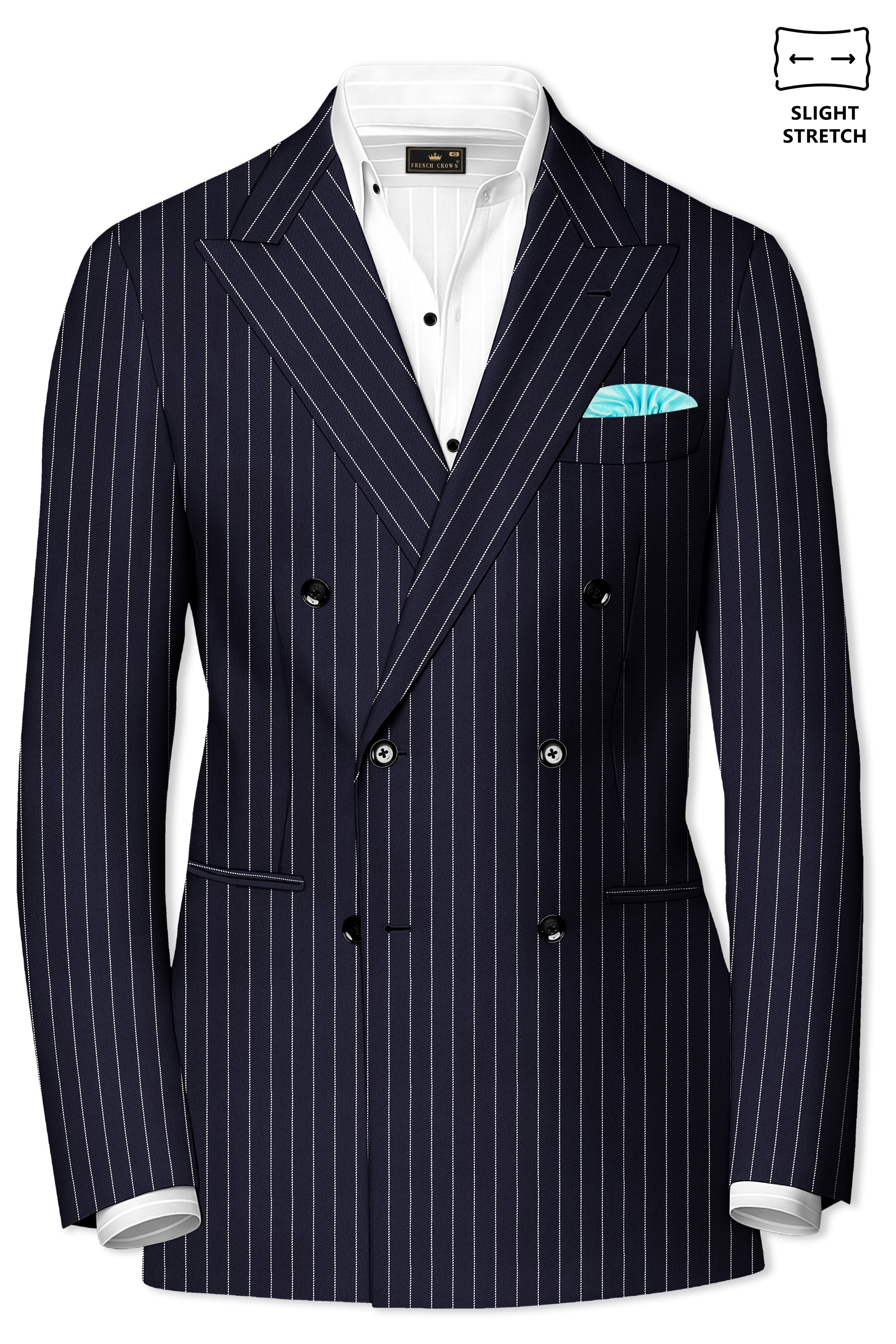 Aurelius-Cinder Blue Bright White Chalk Striped Wool Rich Slight Stretch Double Breasted Suit