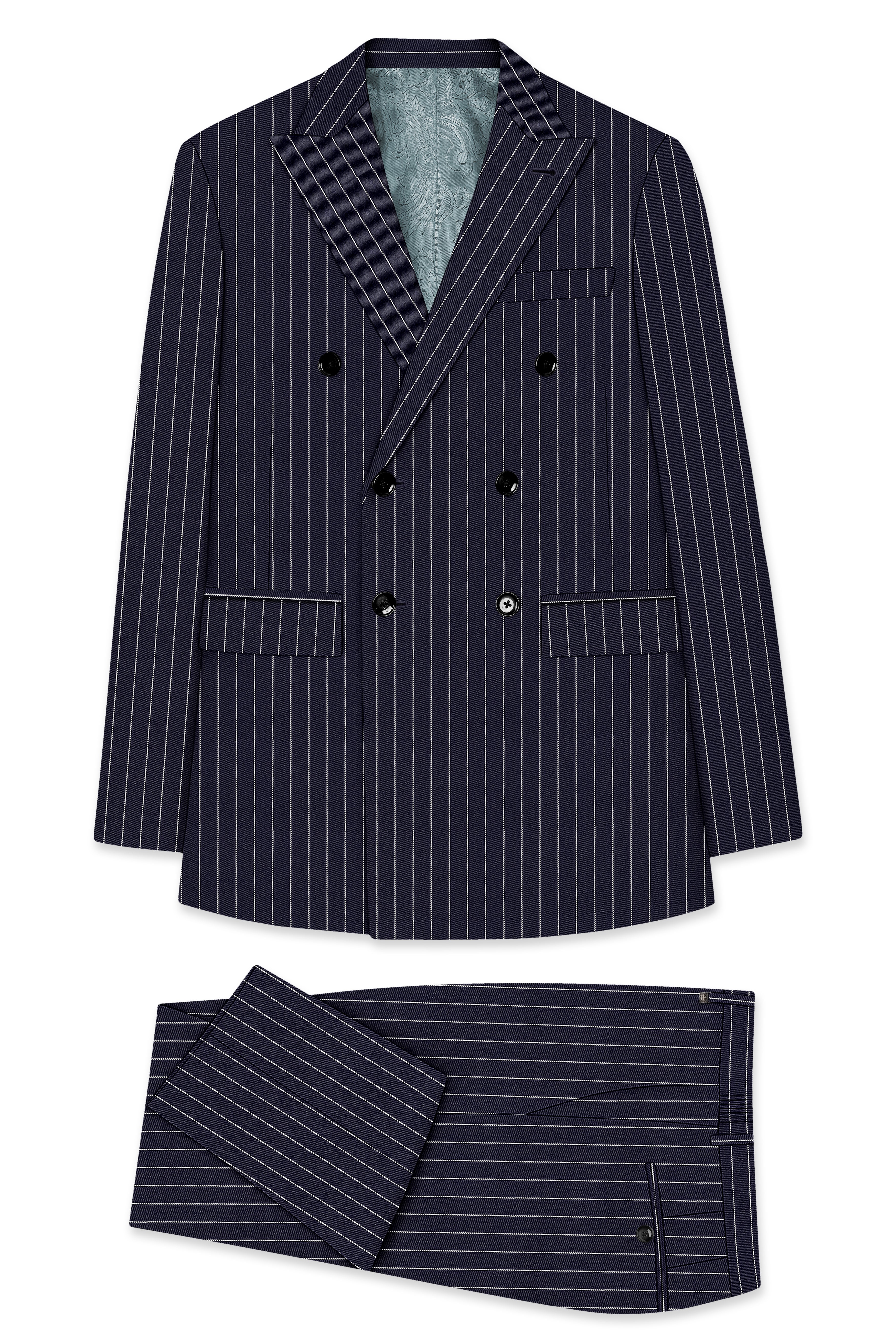 Aurelius-Cinder Blue Bright White Chalk Striped Wool Rich Slight Stretch Double Breasted Suit