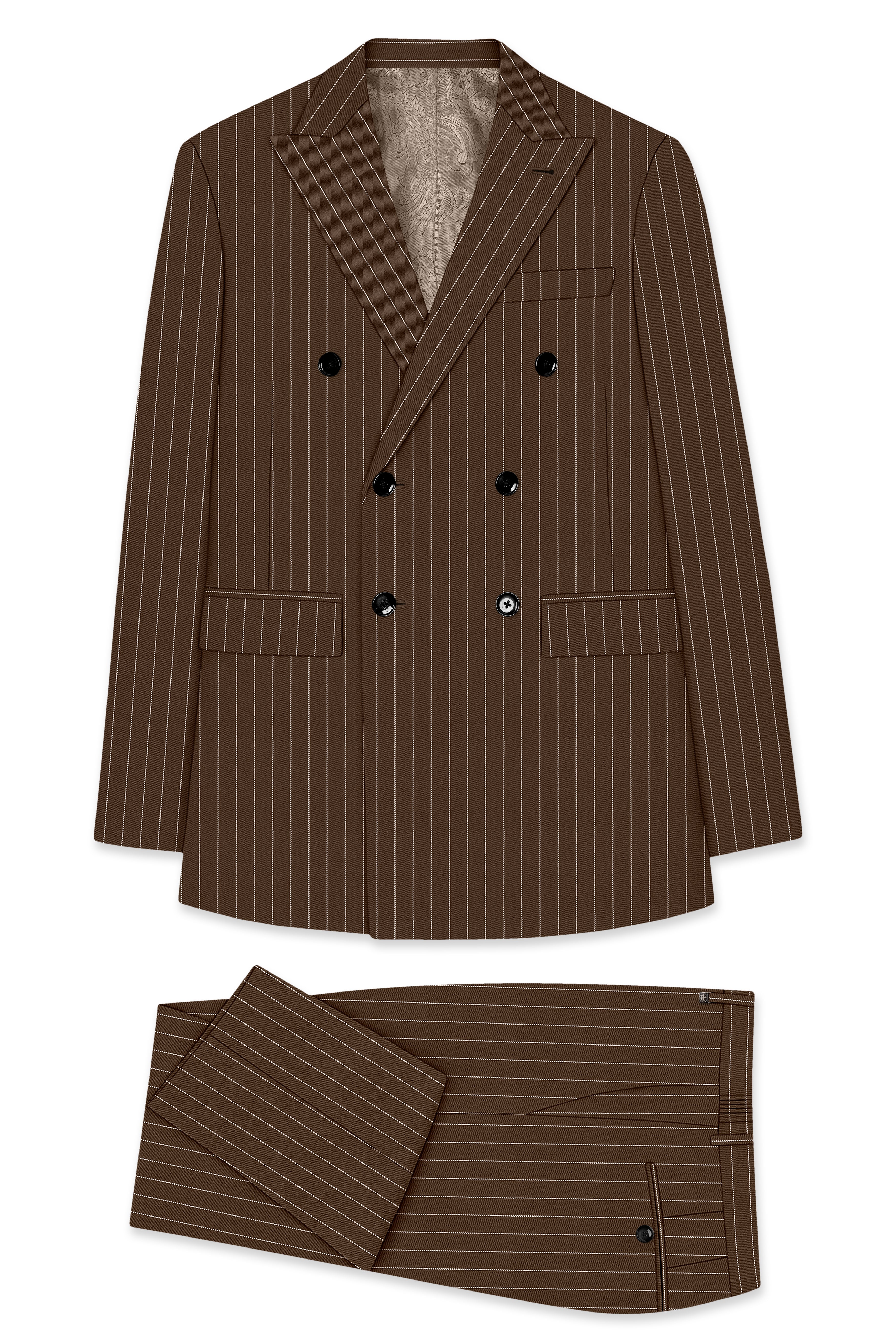 Bristol-Iroko Brown And Bright White Chalk Striped Wool Rich Slight Stretch Double Breasted Suit