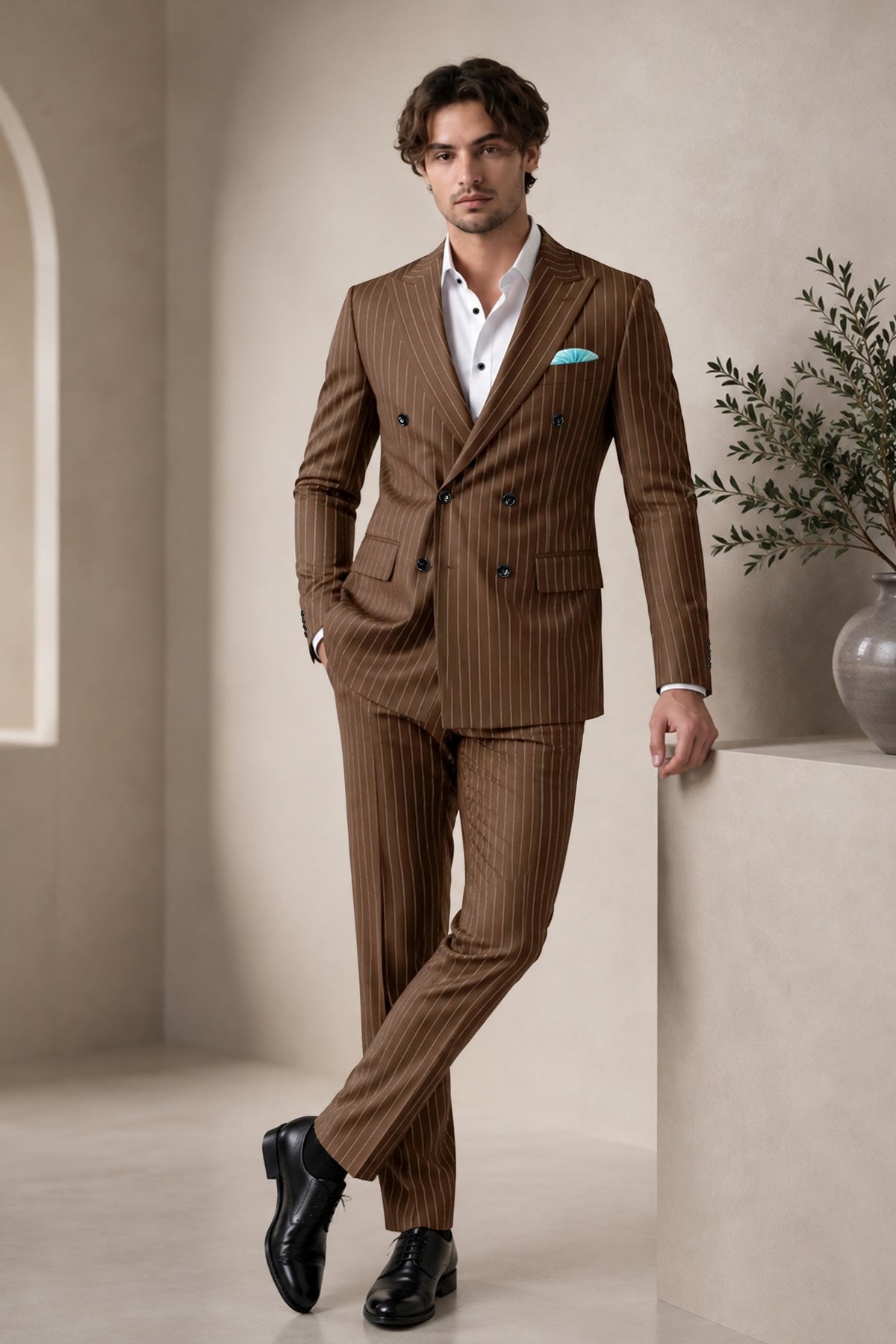 Bristol-Iroko Brown And Bright White Chalk Striped Wool Rich Slight Stretch Double Breasted Suit