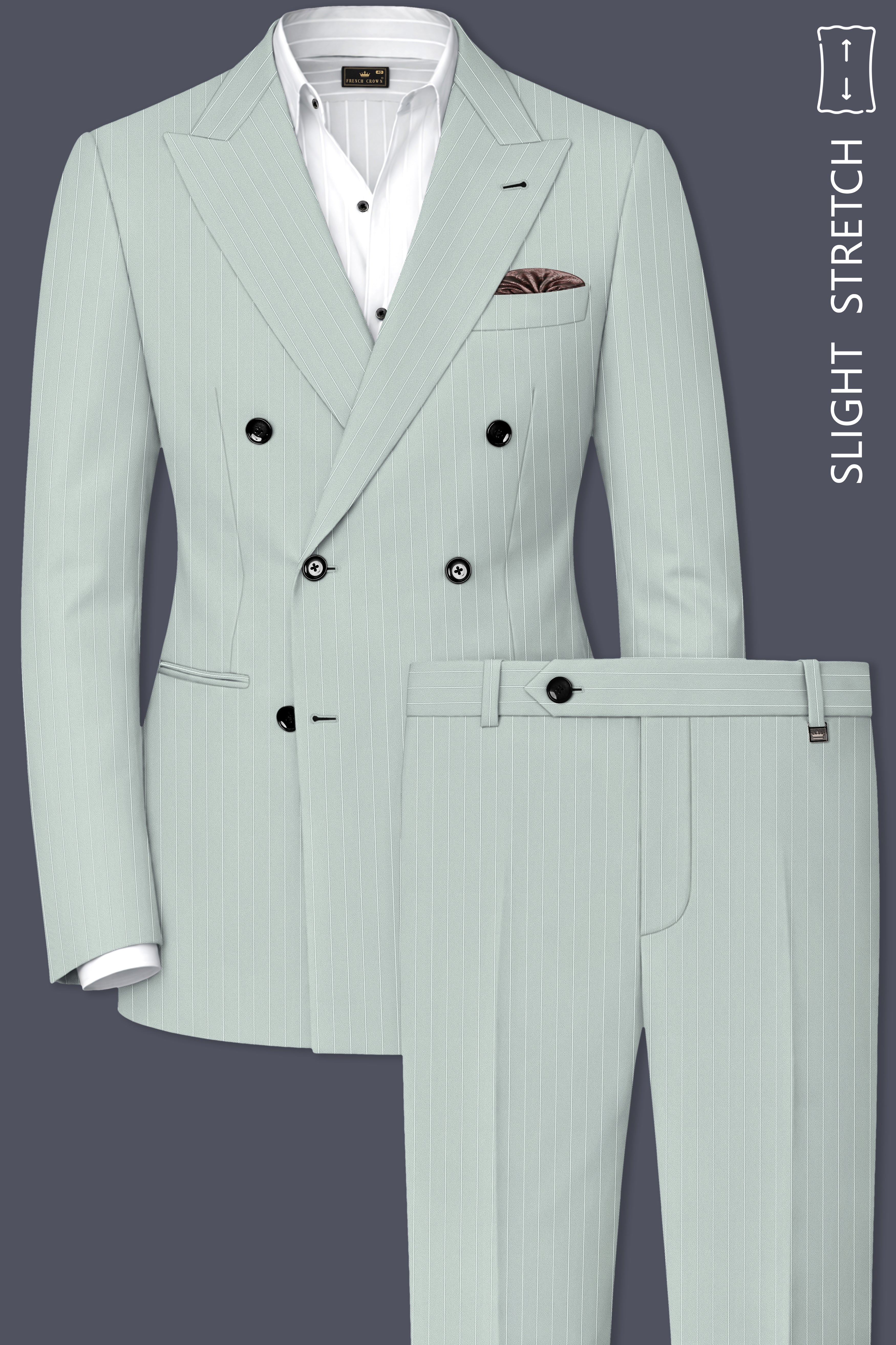 Halcyon-Pale Slate Green Herringbone Striped Wool Rich Slight Stretch Double Breasted Suit
