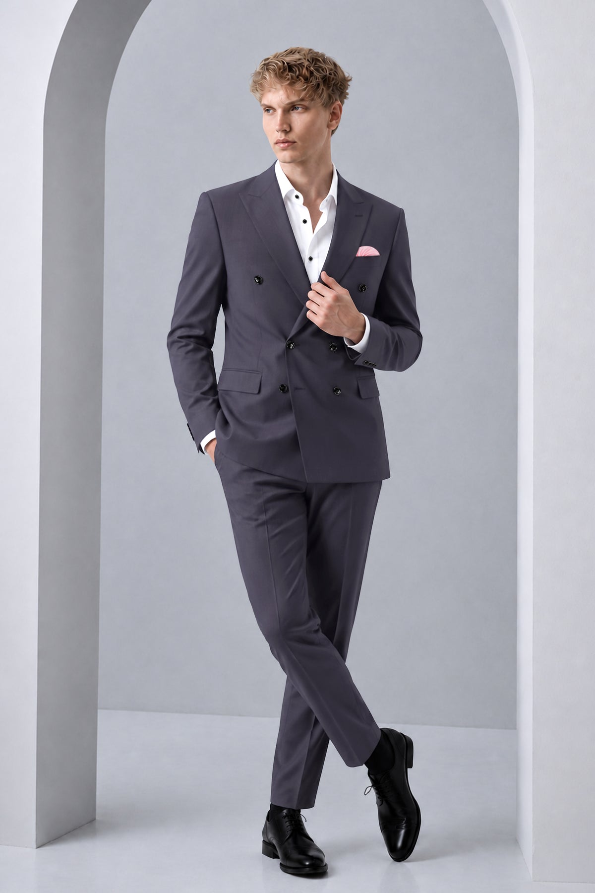 Aeris-Bastilie Gray 4-Way Stretch Wrinkle-Free Fluid Drape Fabric Double Breasted Suit