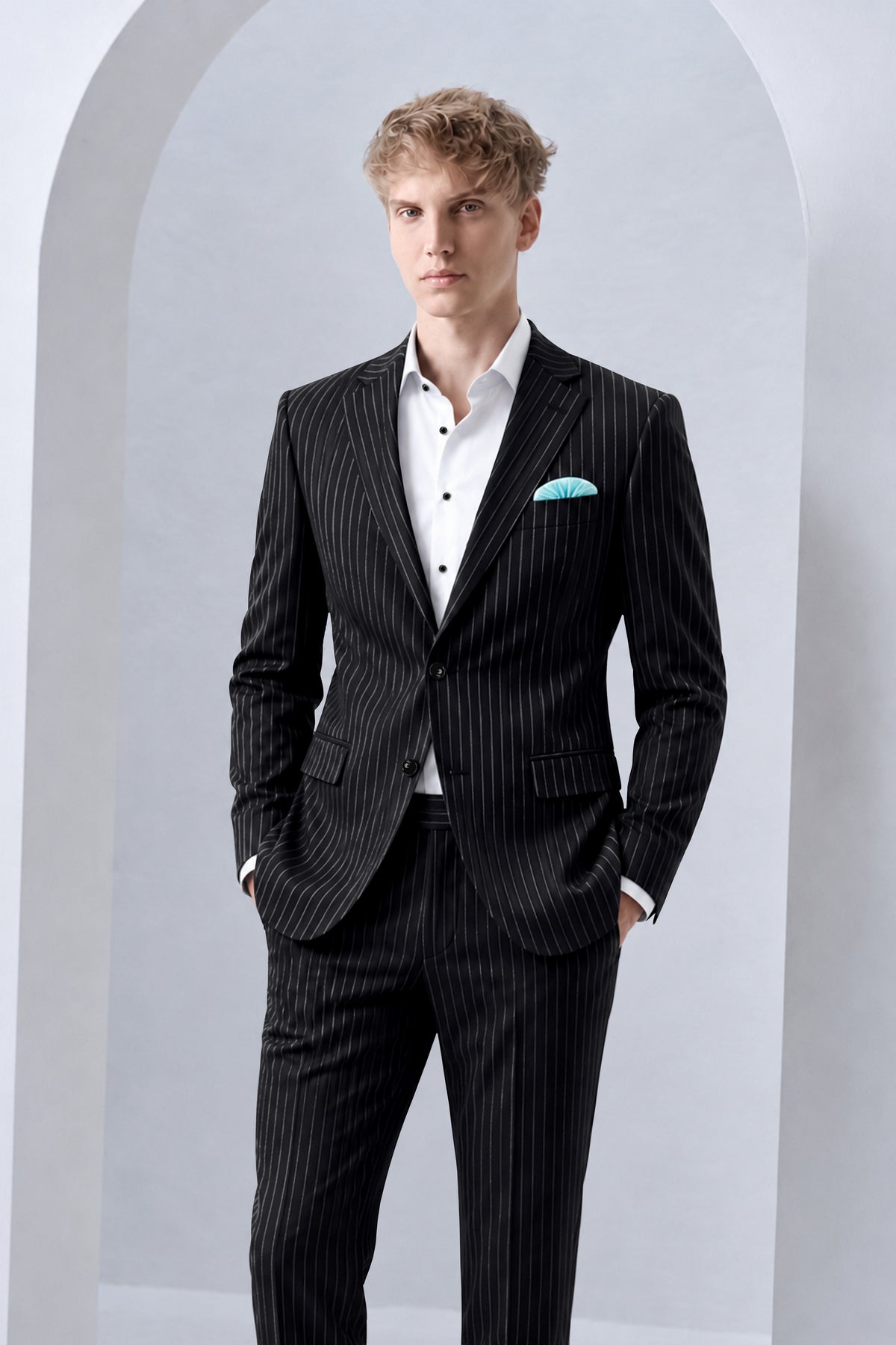 Strivon-Jade Black And Bright White Chalk Striped Wool Rich Slight Stretch Single Breasted Suit