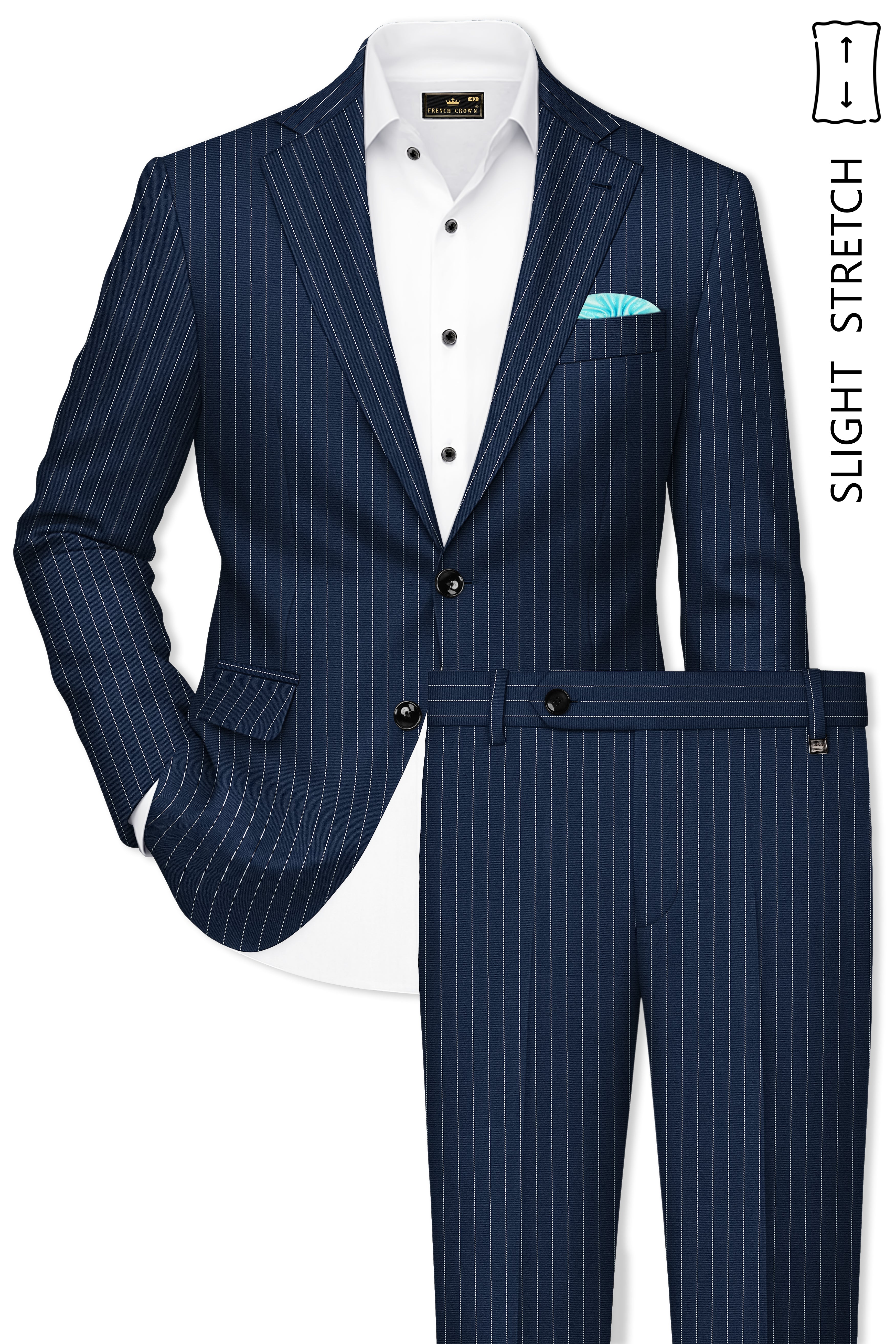 Veritus-Zodiac Blue And Bright White Chalk Striped Wool Rich Slight Stretch Single Breasted Suit