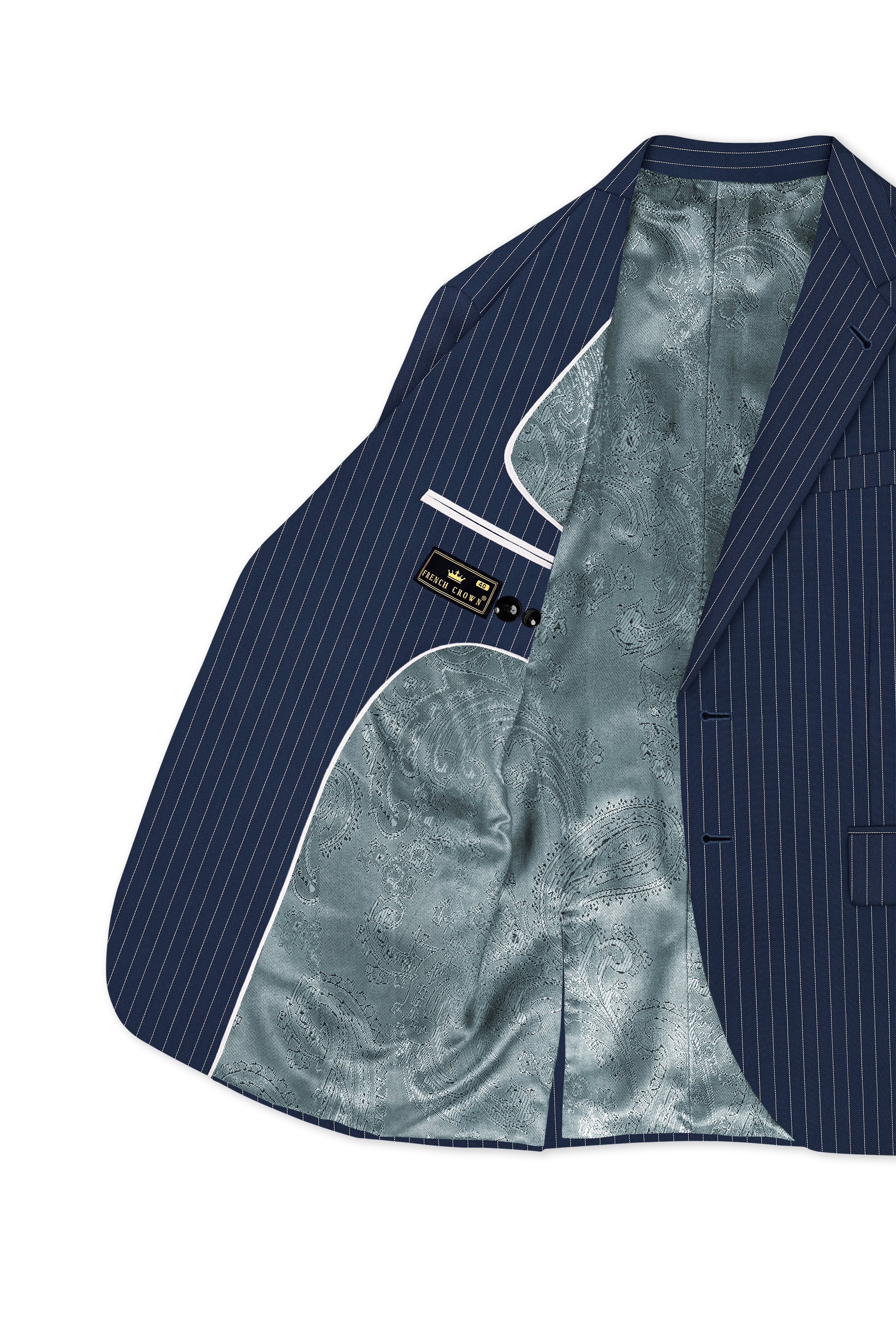 Veritus-Zodiac Blue And Bright White Chalk Striped Wool Rich Slight Stretch Single Breasted Suit