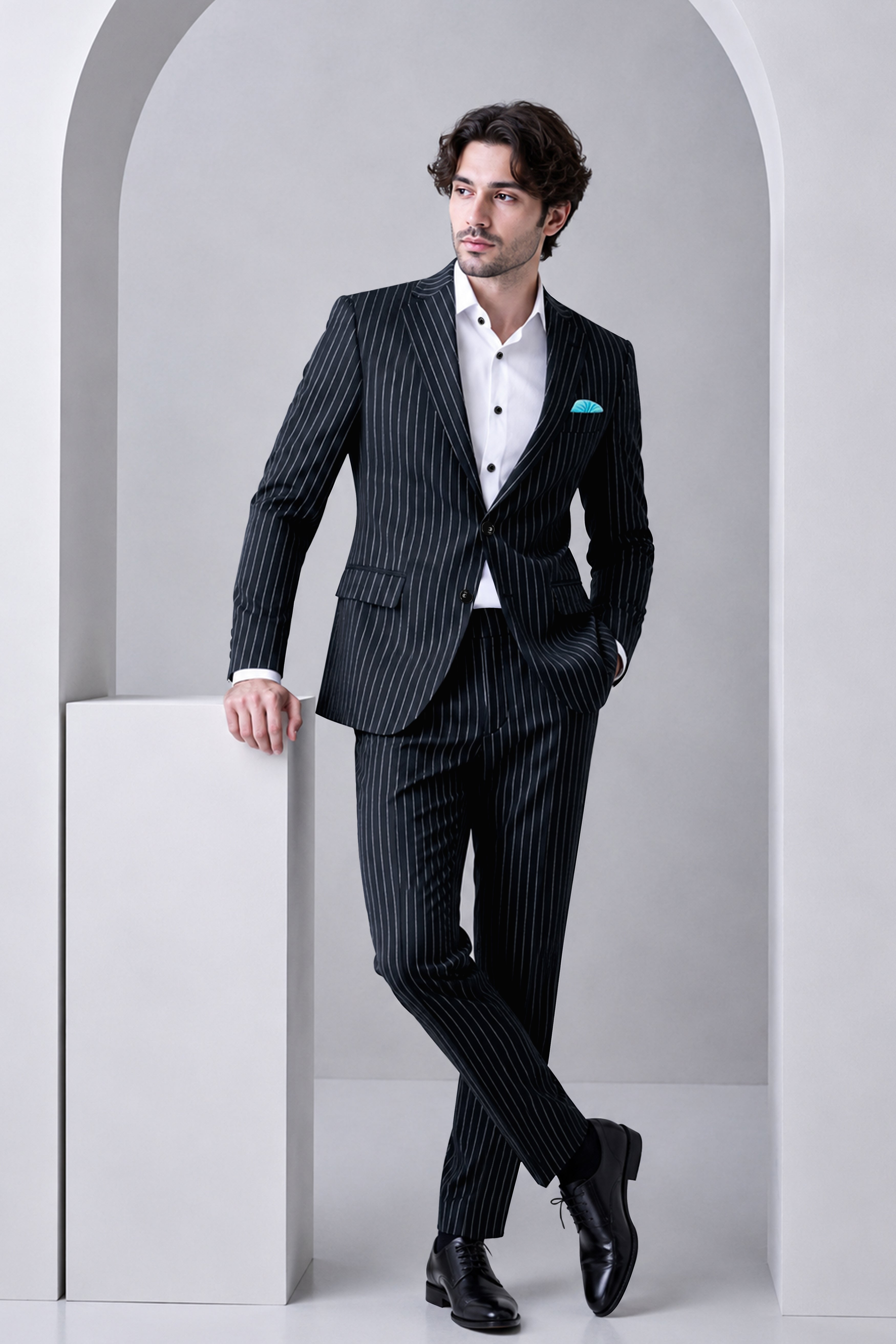 Echelon-Vulcan Blue Herringbone Striped Wool Rich Slight Stretch Single Breasted Suit