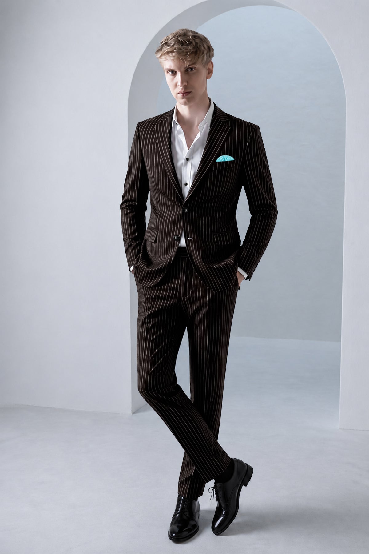 Bastion-Gondola Brown And Bright White Chalk Striped Wool Rich Slight Stretch Single Breasted Suit