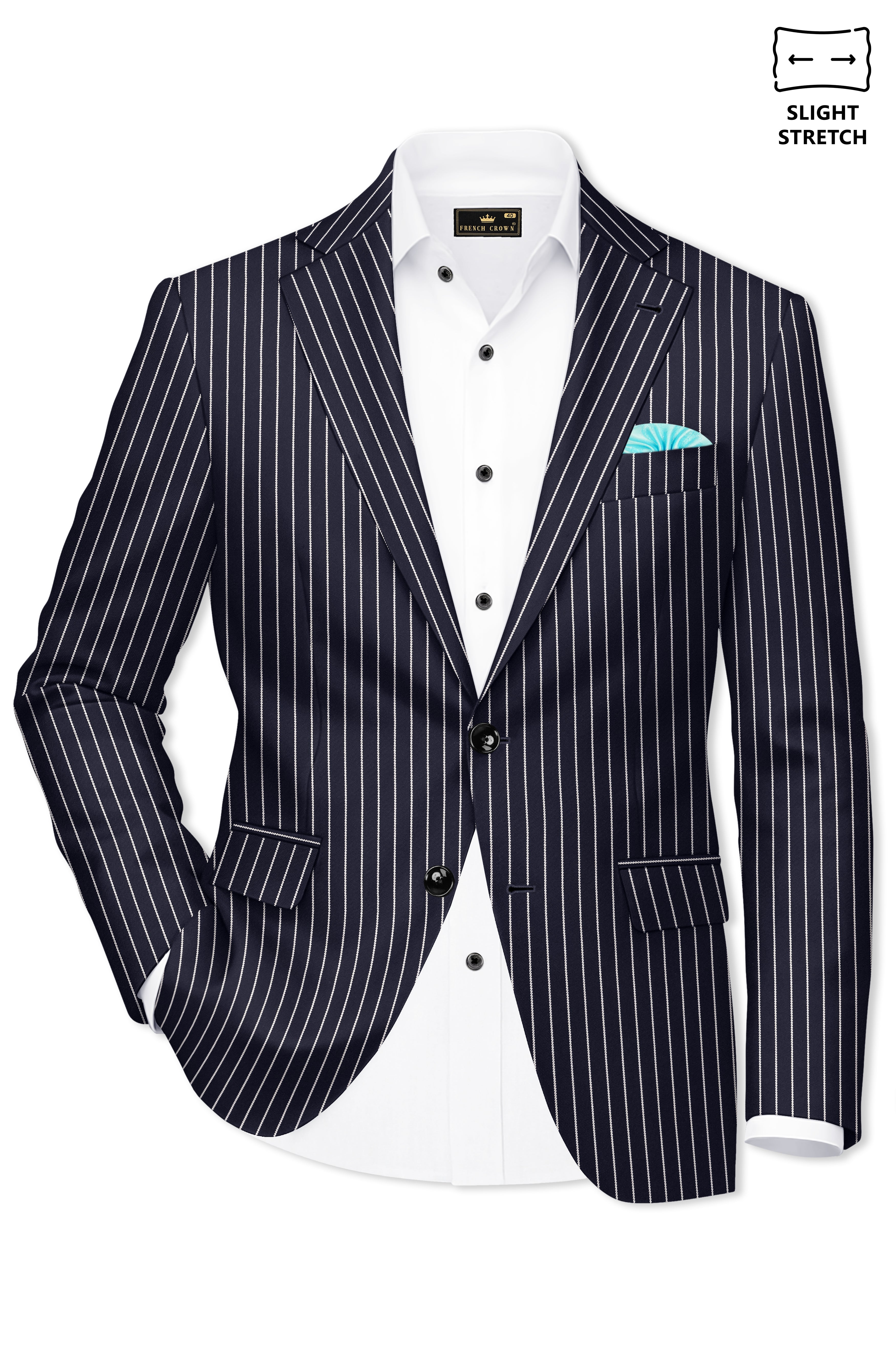Maris-Baltic Sea Blue And Bright White Chalk Striped Wool Rich Slight Stretch Single Breasted Suit