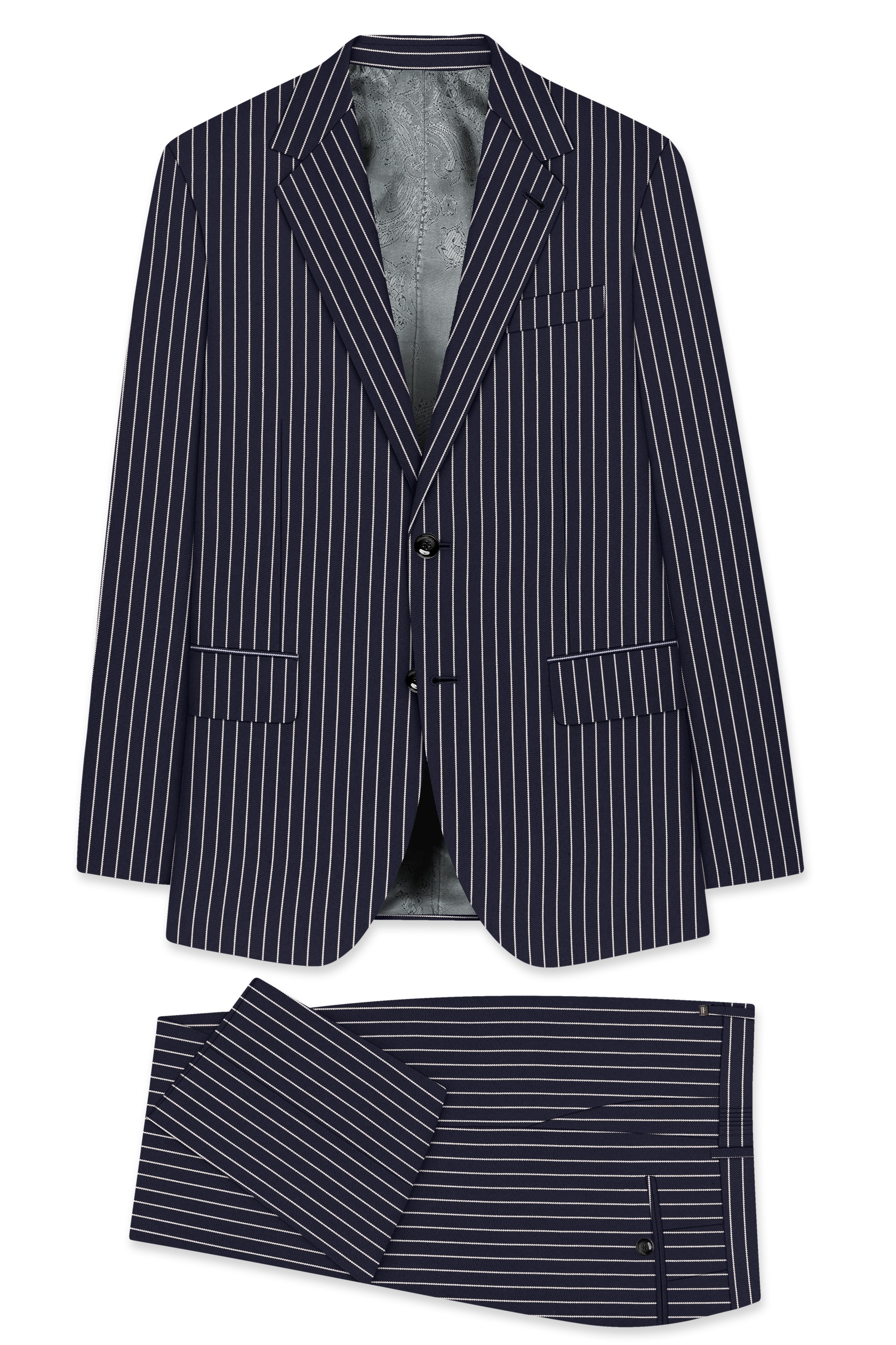 Maris-Baltic Sea Blue And Bright White Chalk Striped Wool Rich Slight Stretch Single Breasted Suit